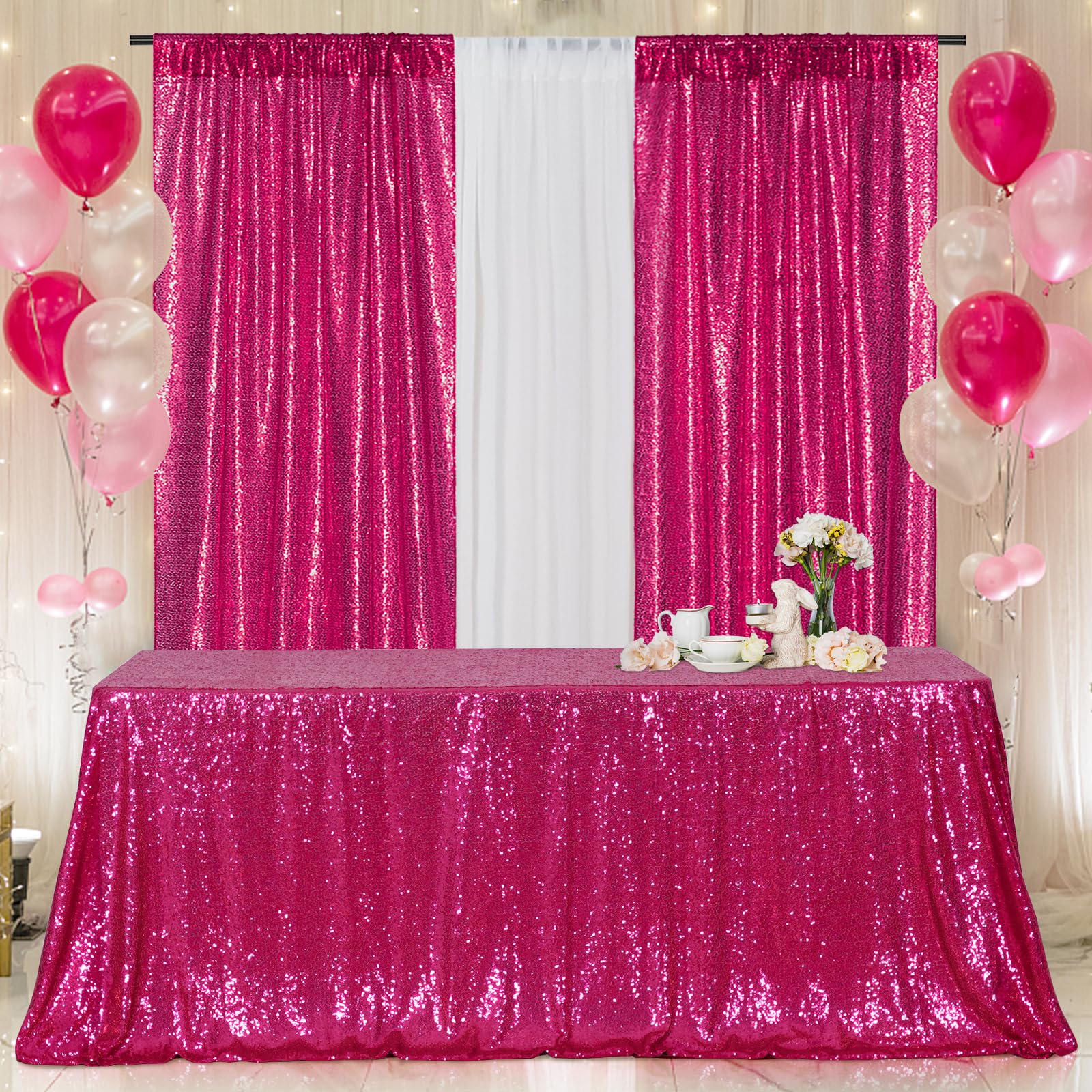 Poise3Ehome 50X72'' Rectangle Hot Pink Sequin Tablecloth For Party Cake Dessert Table Exhibition Events, Hot Pink