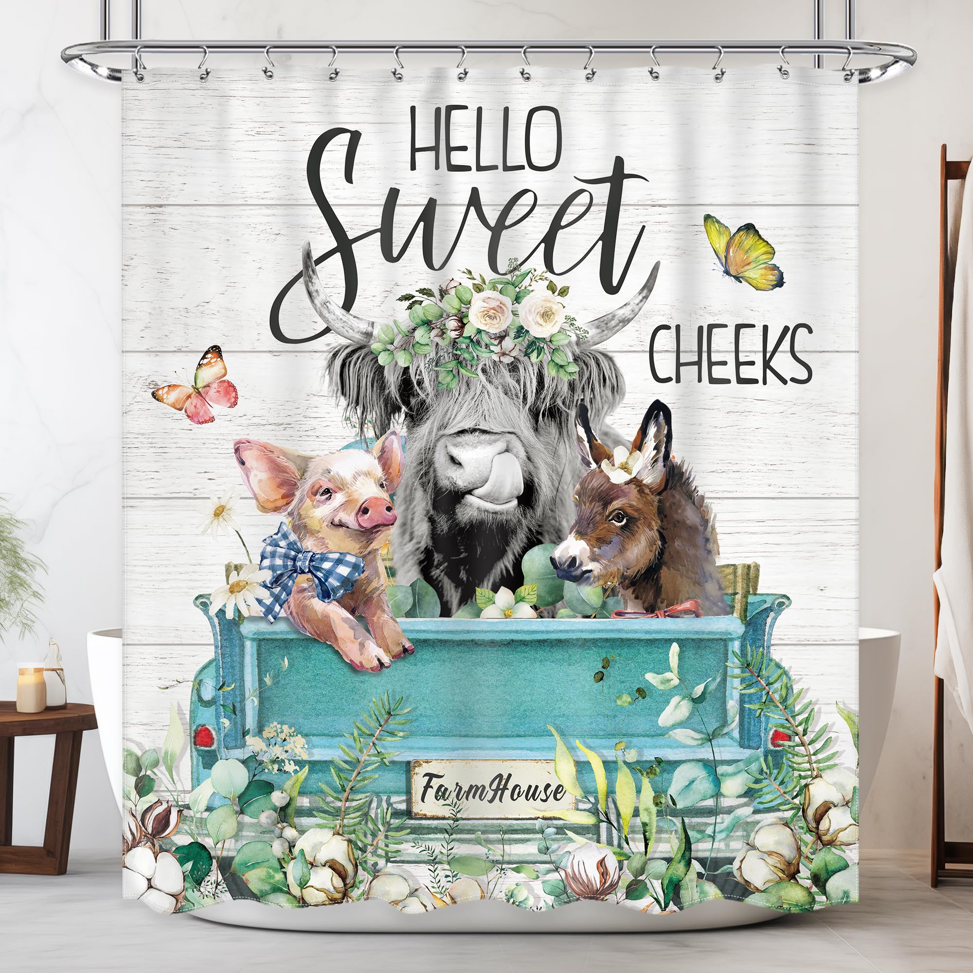 Newsely Farmhouse Highland Cow Shower Curtain 60Wx72H Inch Cute Bull Donkey Pig Cotton Flower Green Truck Shower Curtain Bathroo