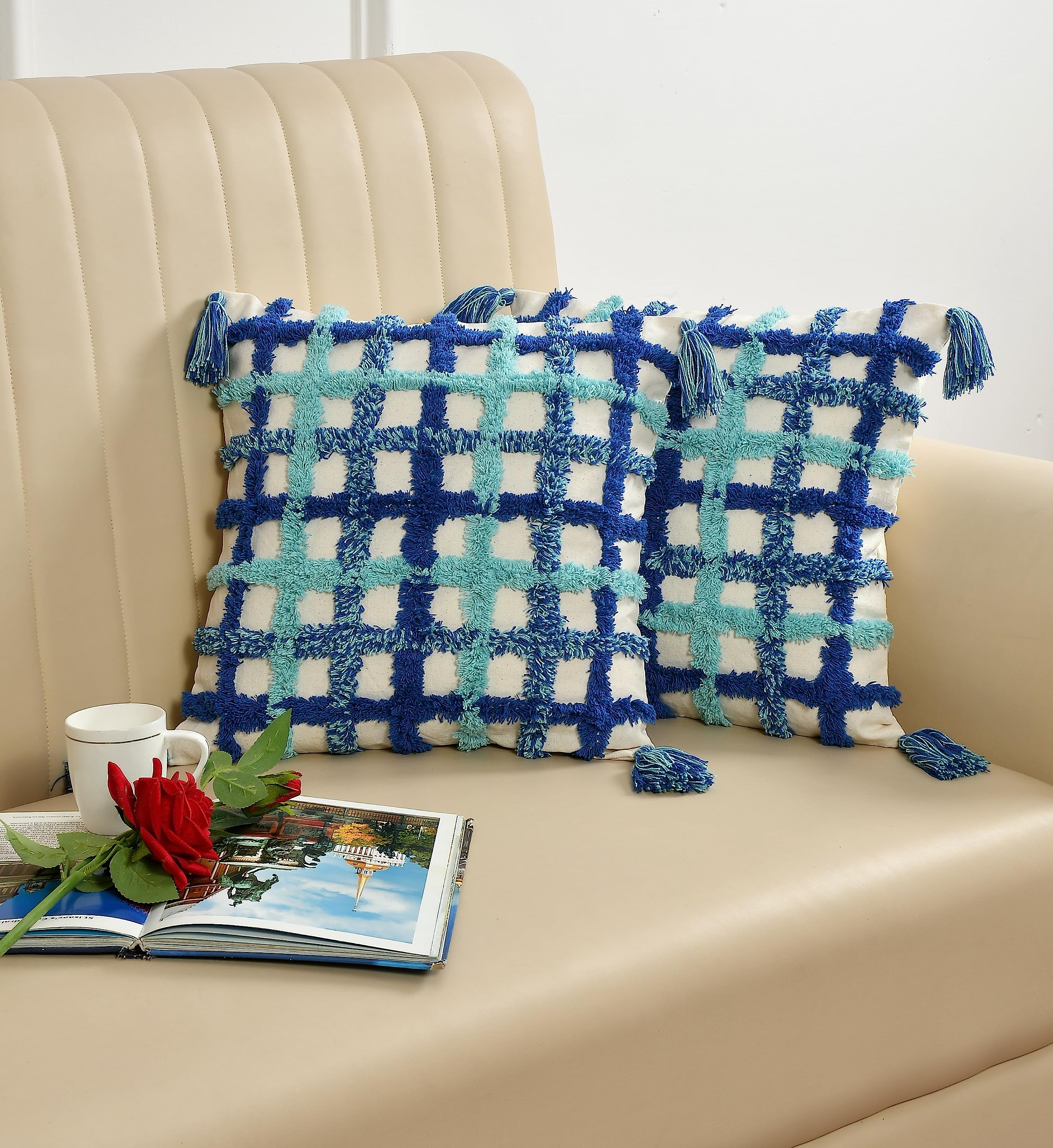 Wisdom Decor Sofa Cushion Cover Cotton For Living Room Couch Soft Pillow Cover (16 X 16, Blue Check) Pack Of 2