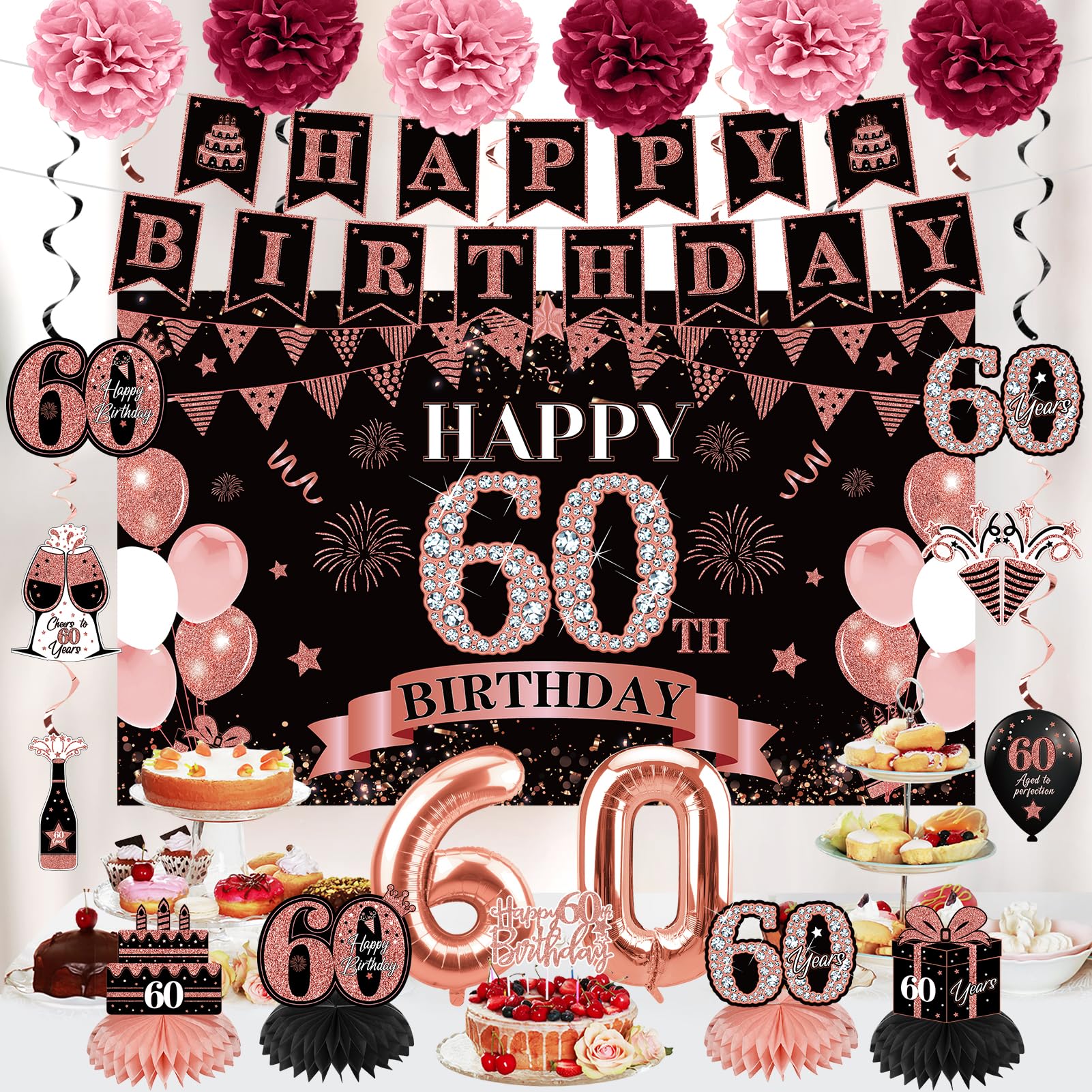 Eucutur 42Pcs 60Th Birthday Decoration Kit For Women, Rose Gold Happy 60Th Bday Banner Balloons Honeycomb Centerpiece Swirl Pape