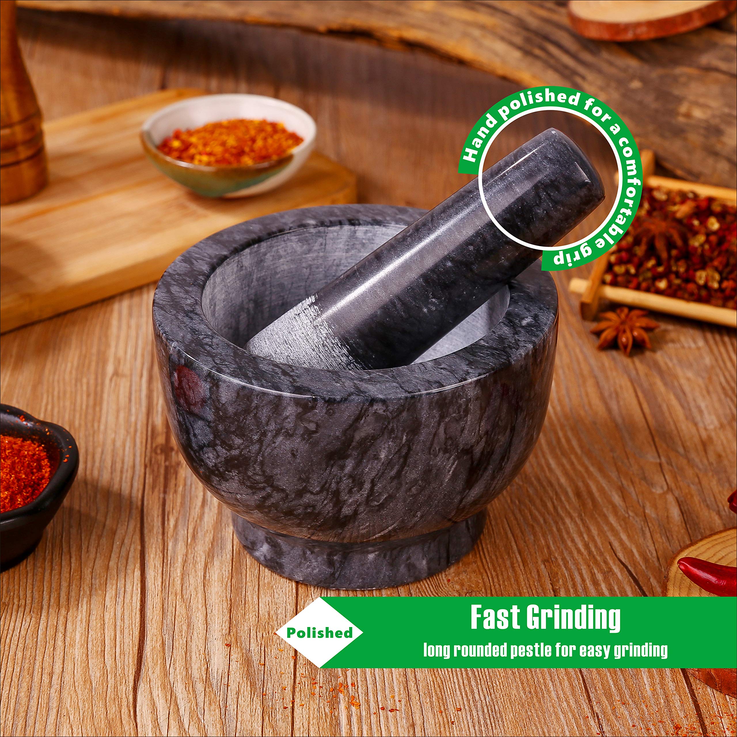 Aisiming Mortar and Pestle Set Polished Natural Marble Guacamole Molcajete Bowl  Spices Grinder with Silicone Pad  Stainless Steel Spoon and Brush  300ml Capacity Crusher(Medium  Dark Gray)
