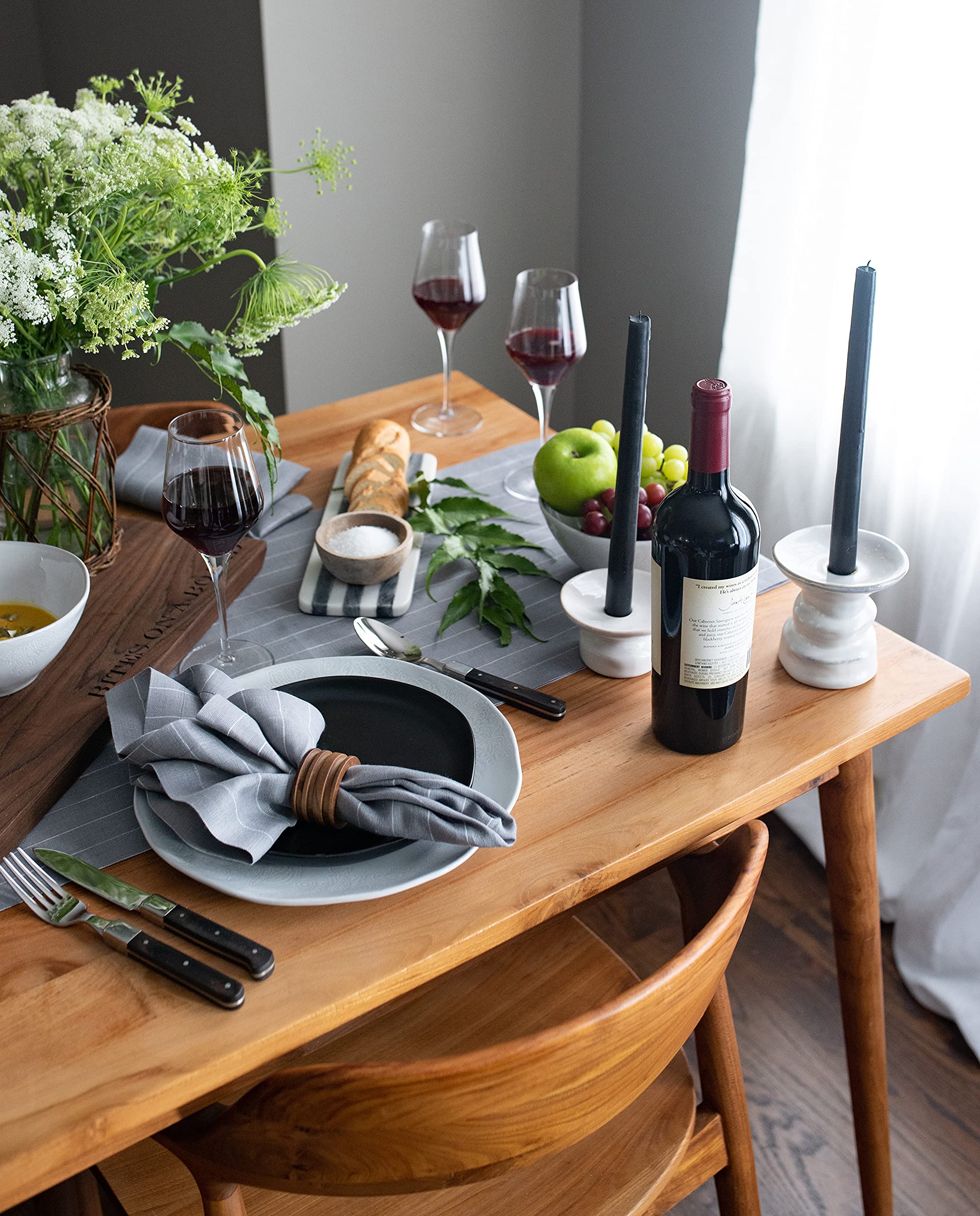 Solino Home Pinstripe Linen Grey And White Table Runner 60 Inch - 100% Pure Linen Short Table Runner 14 X 60 Inch Ideal For Dres