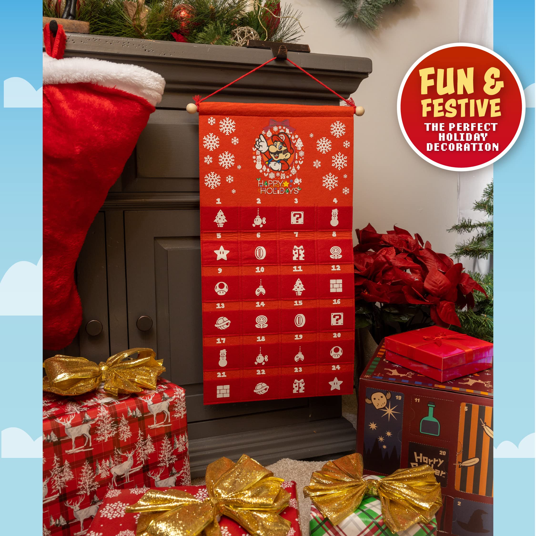 Super Mario Fabric Advent Calendar with Mario Toy, 24 Days Nintendo Christmas Countdown, Reusable Felt Hanging Wall Decoration w