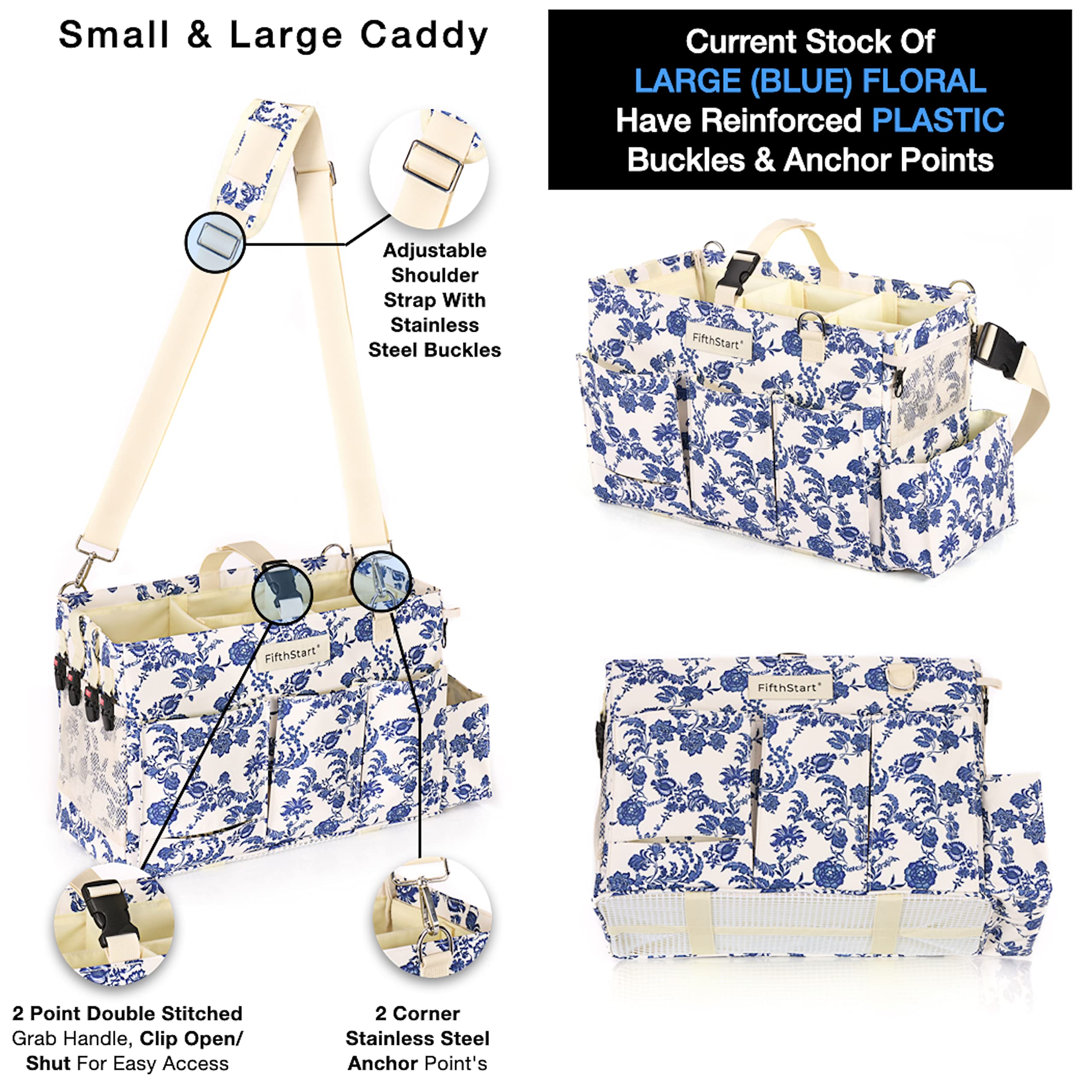 FifthStart Wearable Cleaning Caddy  A Cleaning Supplies Organizer With 4 Corner Shoulder Strap & Removable Waist Strap. Professional Cleaning Caddy Organizer With Handle: (Blue Floral  Large)