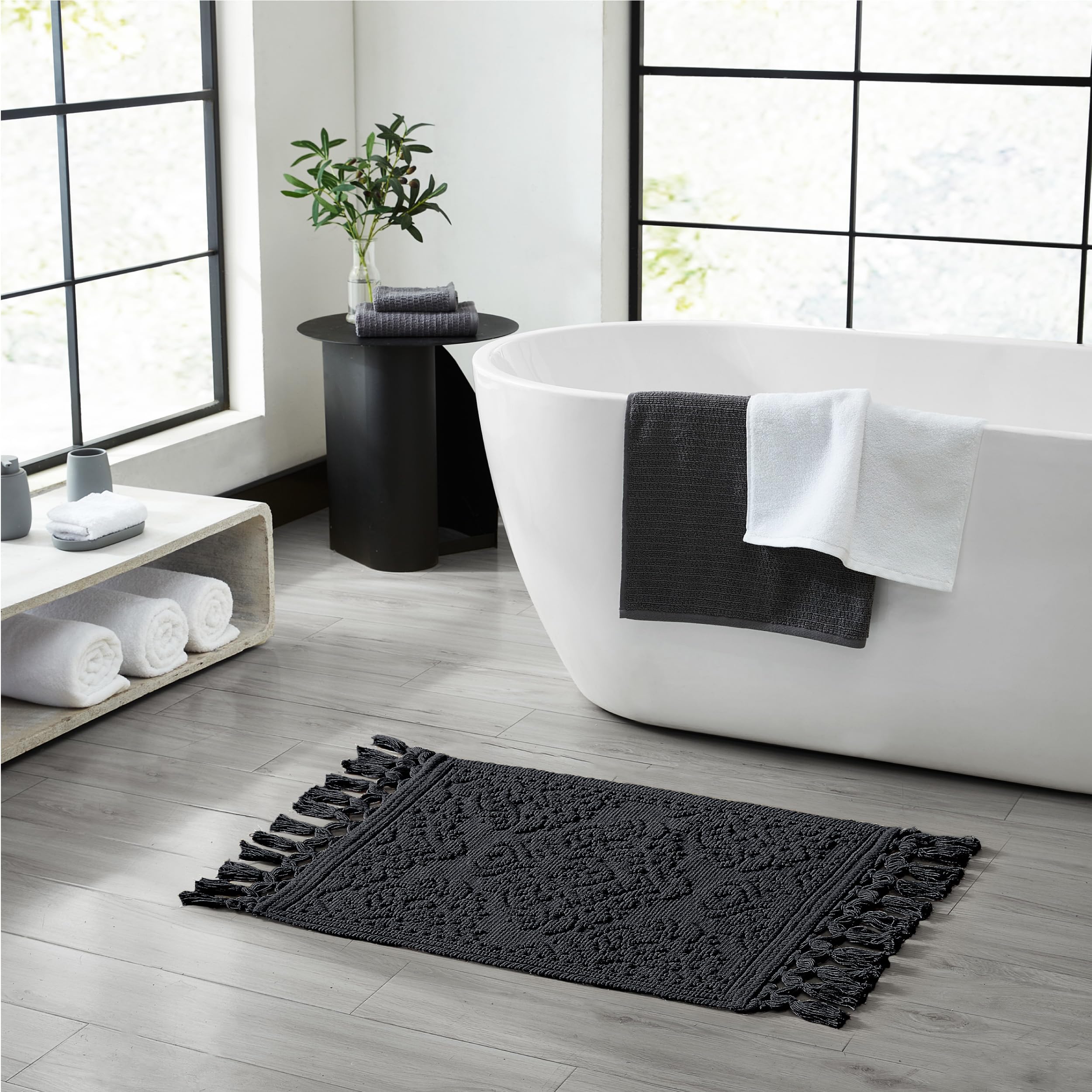 Jean Pierre - Ricardo Bath Mat, Woven Fringe Bathroom Rugs, 100% Cotton, Premium Bathroom Decor - Measures 27'' X 52'' - Black
