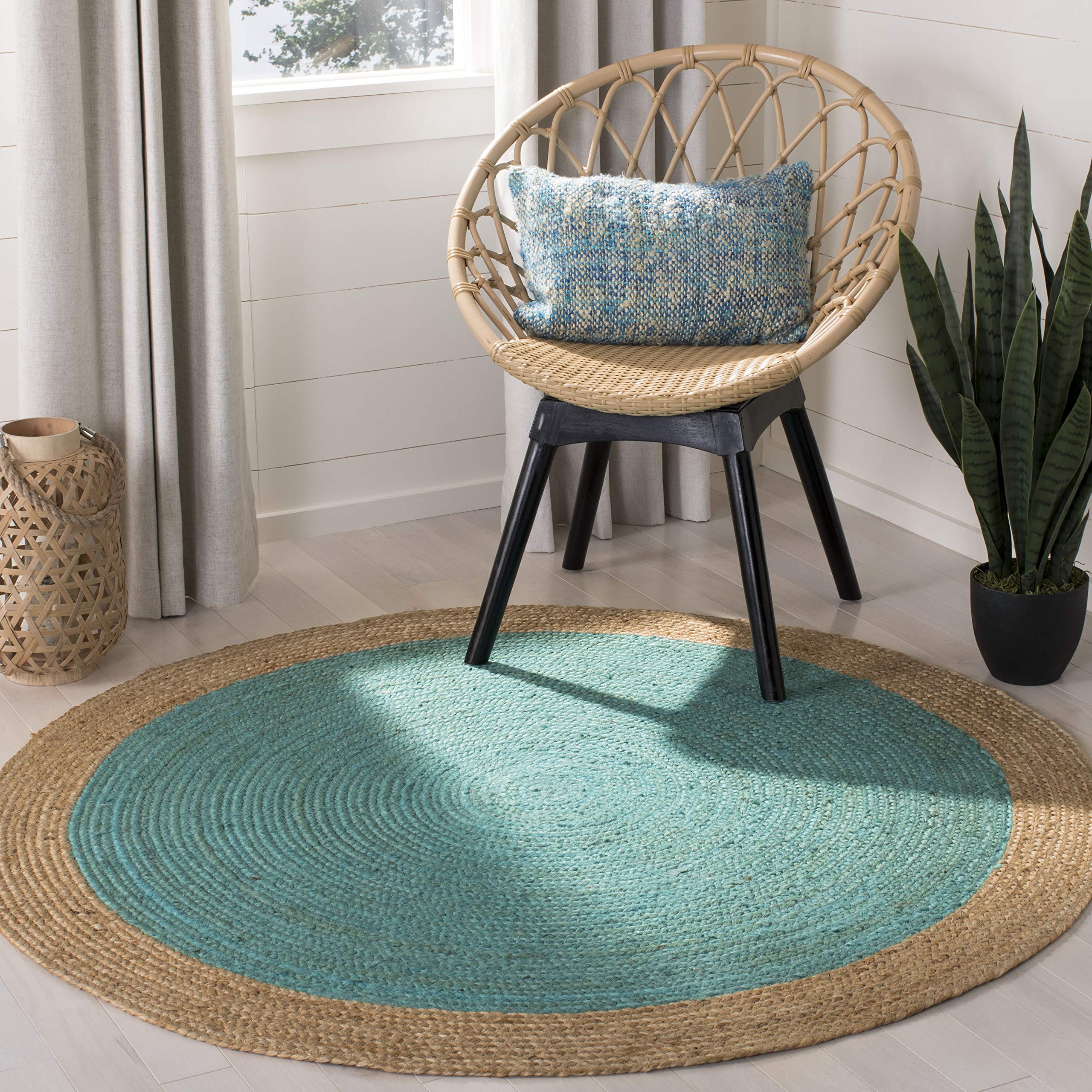 SAFAVIEH Natural Fiber Round Collection 9 Round Teal NF801E Handmade Boho Braided Jute Area Rug