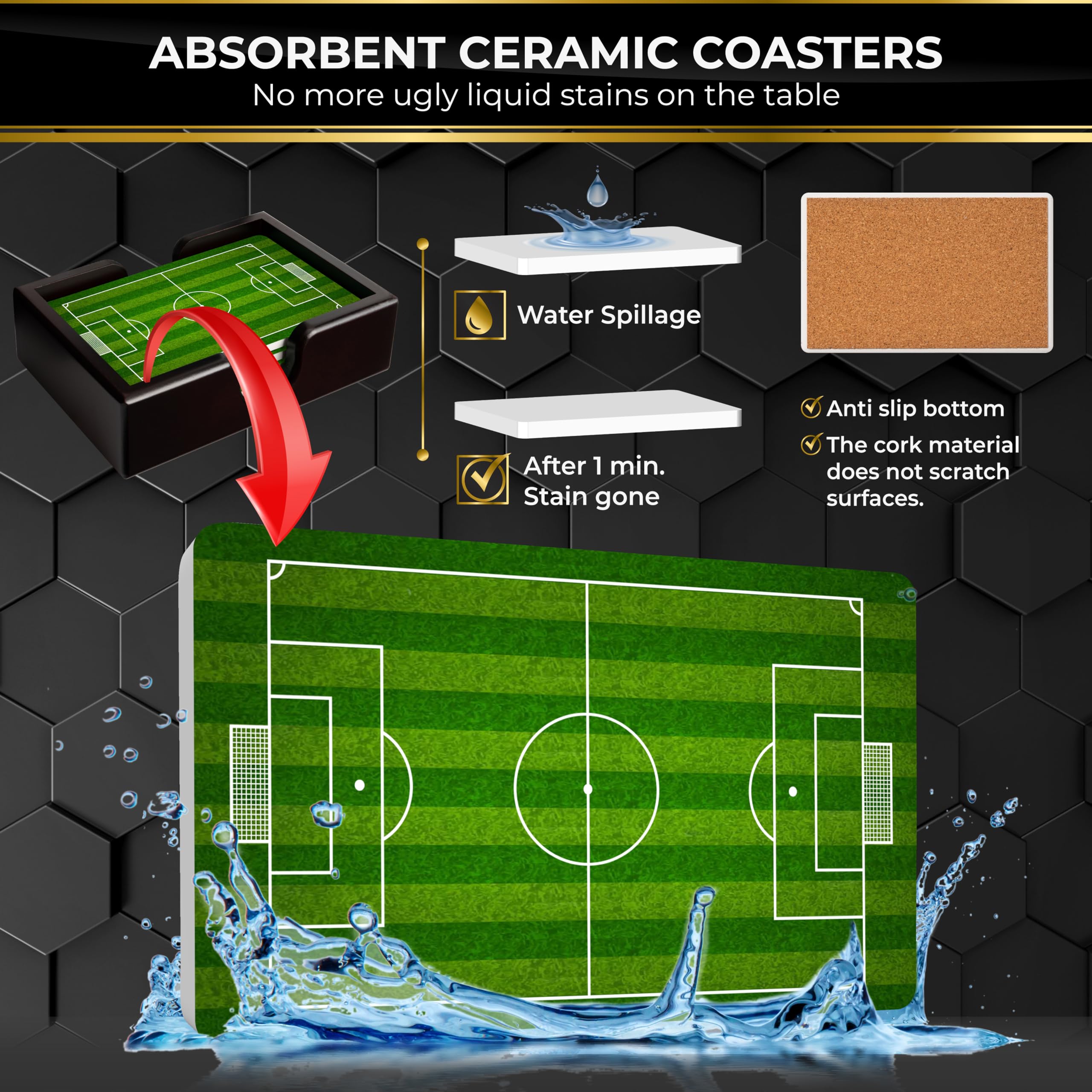 Soccer Field Ceramic Coasters With Holder. Absorbent Coaster For Drinks, Coaster Set, Table Coaster. Gift For Men, Football Deco