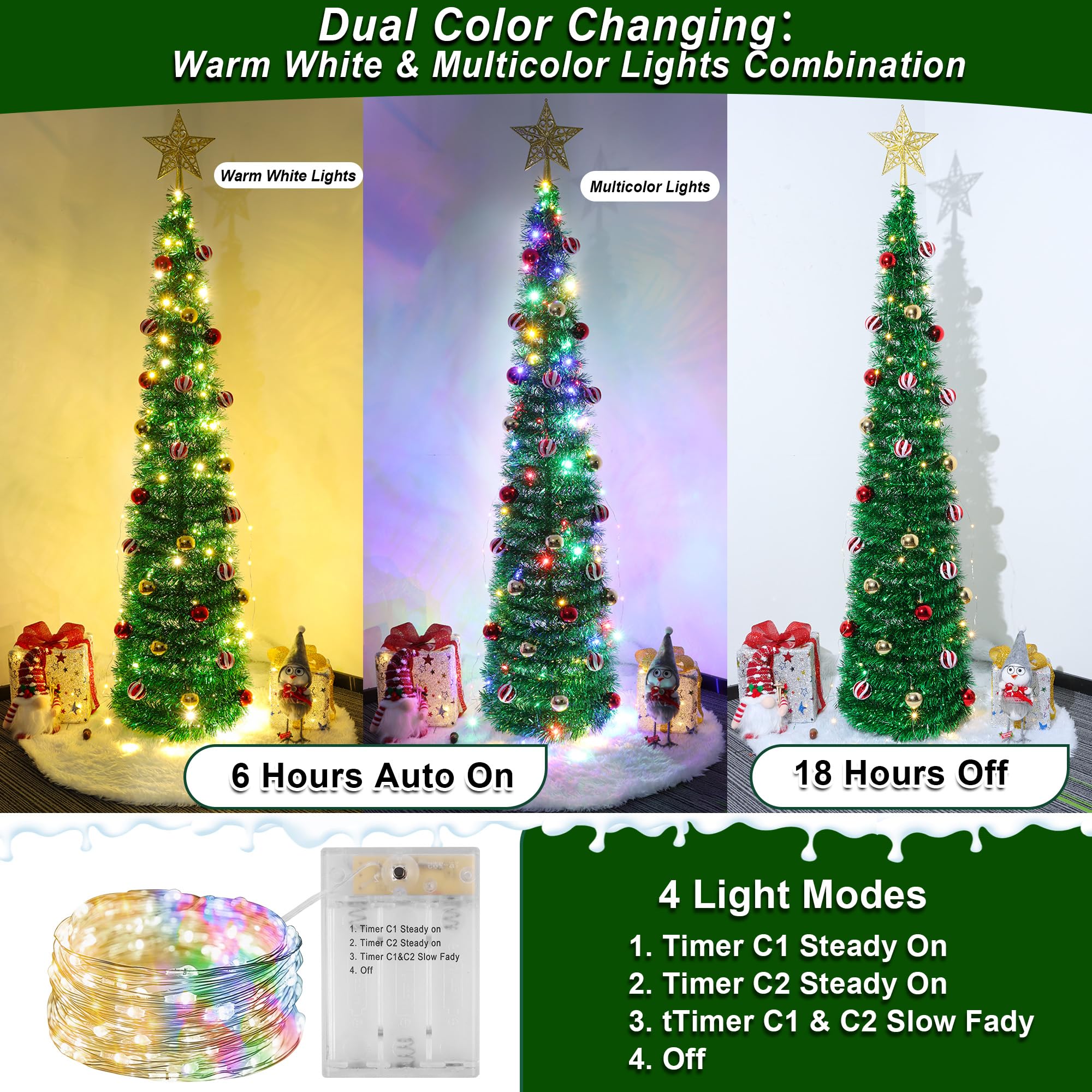 5FT Pop Up Christmas Tree with Timer 60 Warm White & Multi Color Fairy Light 3D Star 25 Ball Ornament, Green Tinsel Christmas Tr