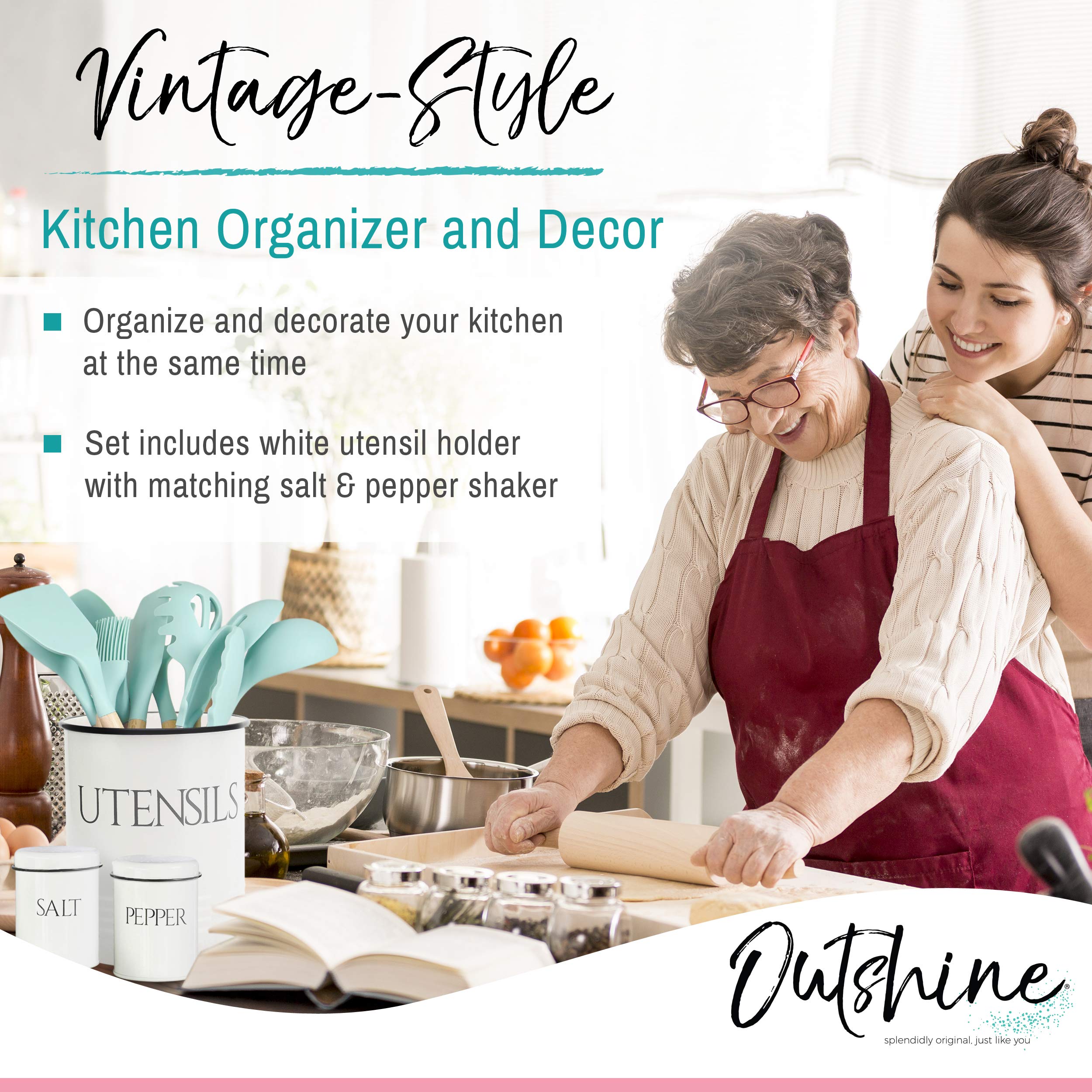 Outshine Large Cooking Utensil Holder For Kitchen Counter | White Kitchen Utensil Holder For Countertop | Farmhouse Kitchen Deco