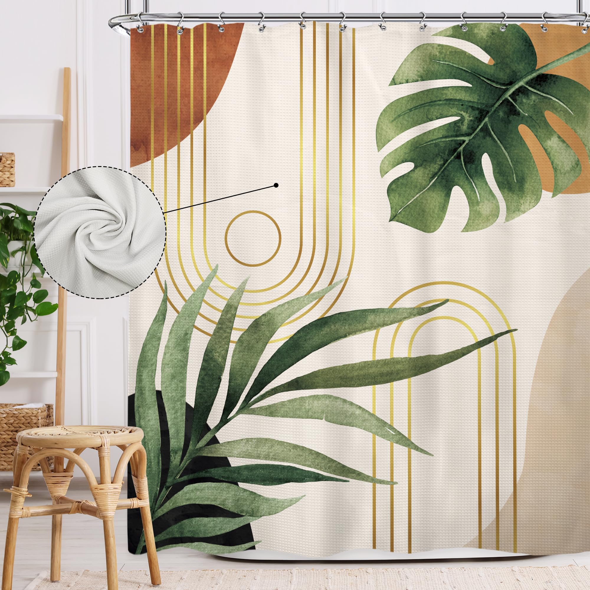 Glawry Waffle Boho Green Shower Curtain Thick Weighted Heavy Duty Abstract Mid Century Tropical Palm Leaf Modern Bathroom 72Wx72