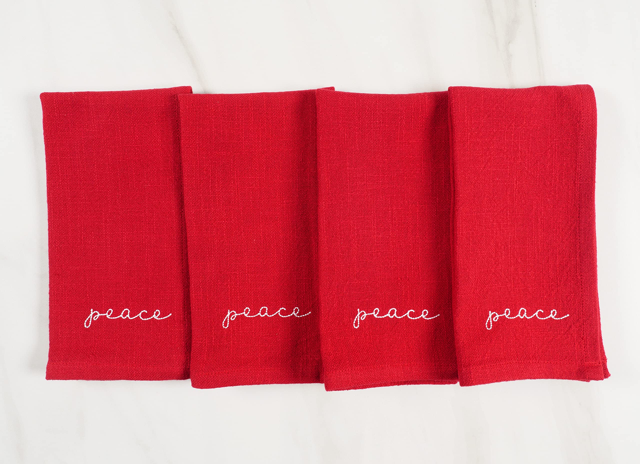 KAF Home Embroidered Holiday Dinner Napkins - 100% Cotton Enzyme Washed Slubbed Cloth Napkins - Set of 4 (Peace)