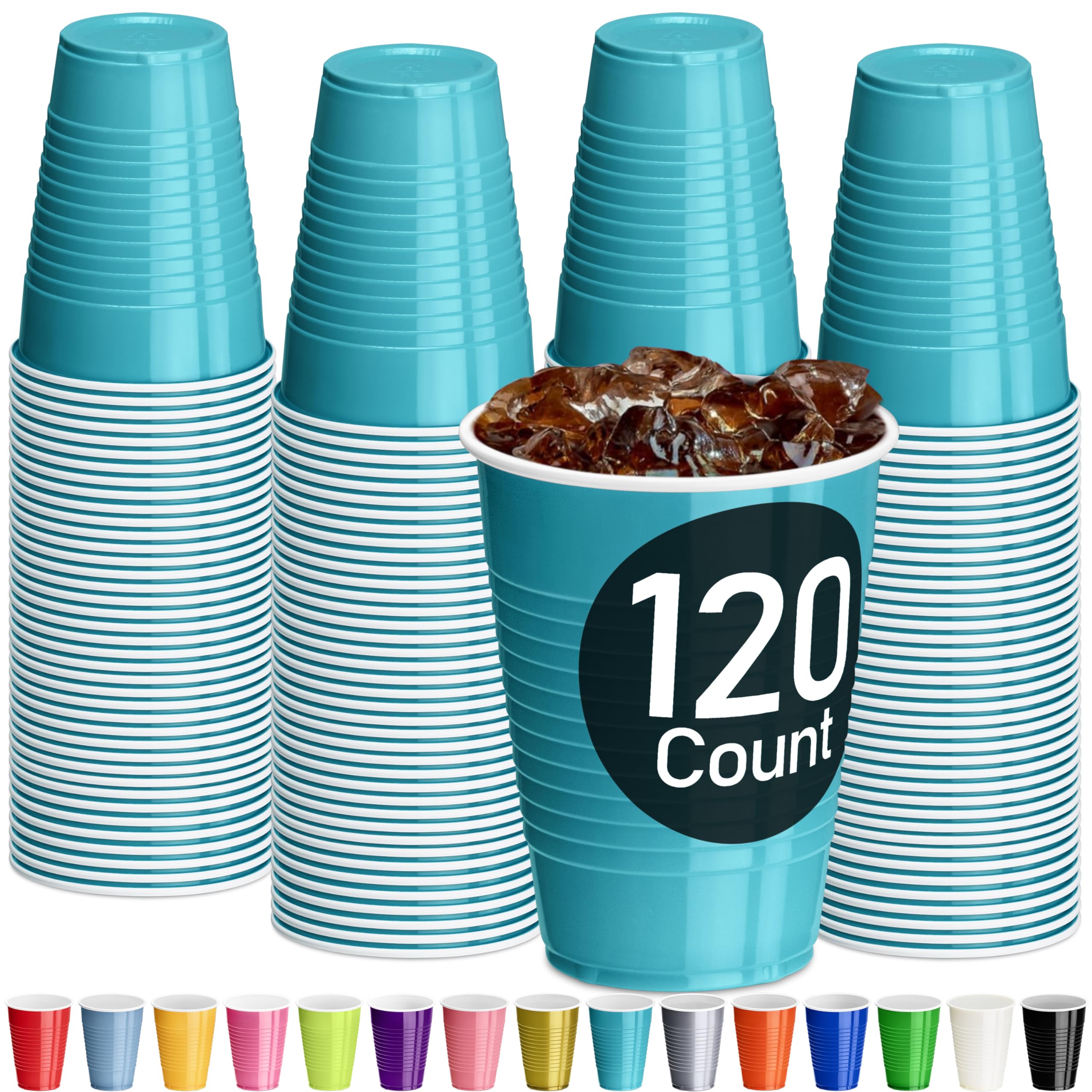 Decorrack Turquoise Plastic Cups, 12 Oz Disposable Cups, Reusable Party Supplies (120 Count)