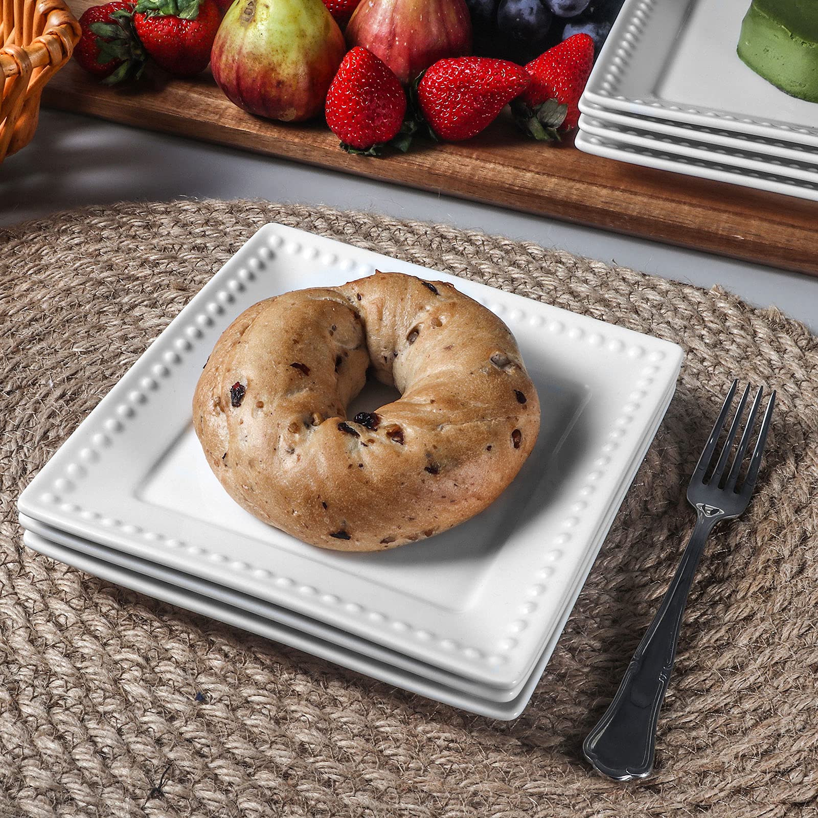 Wareland Appetizer Plates, Embossed Ceramic Dessert Plates, Salad Plates Set Of 6, 6 Inch White Square Dinner Plates For Snack,