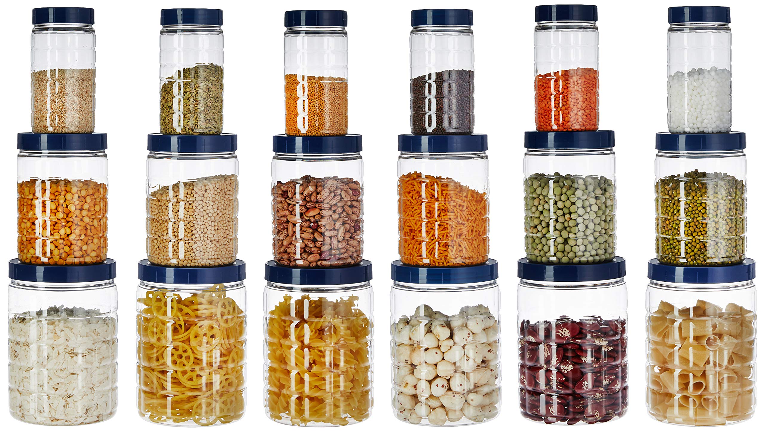 Amazon Brand - Solimo Checkered Plastic Jar Set | Set Of 18 | Multipurpose Use | For Kitchen Storage | Royal Blue