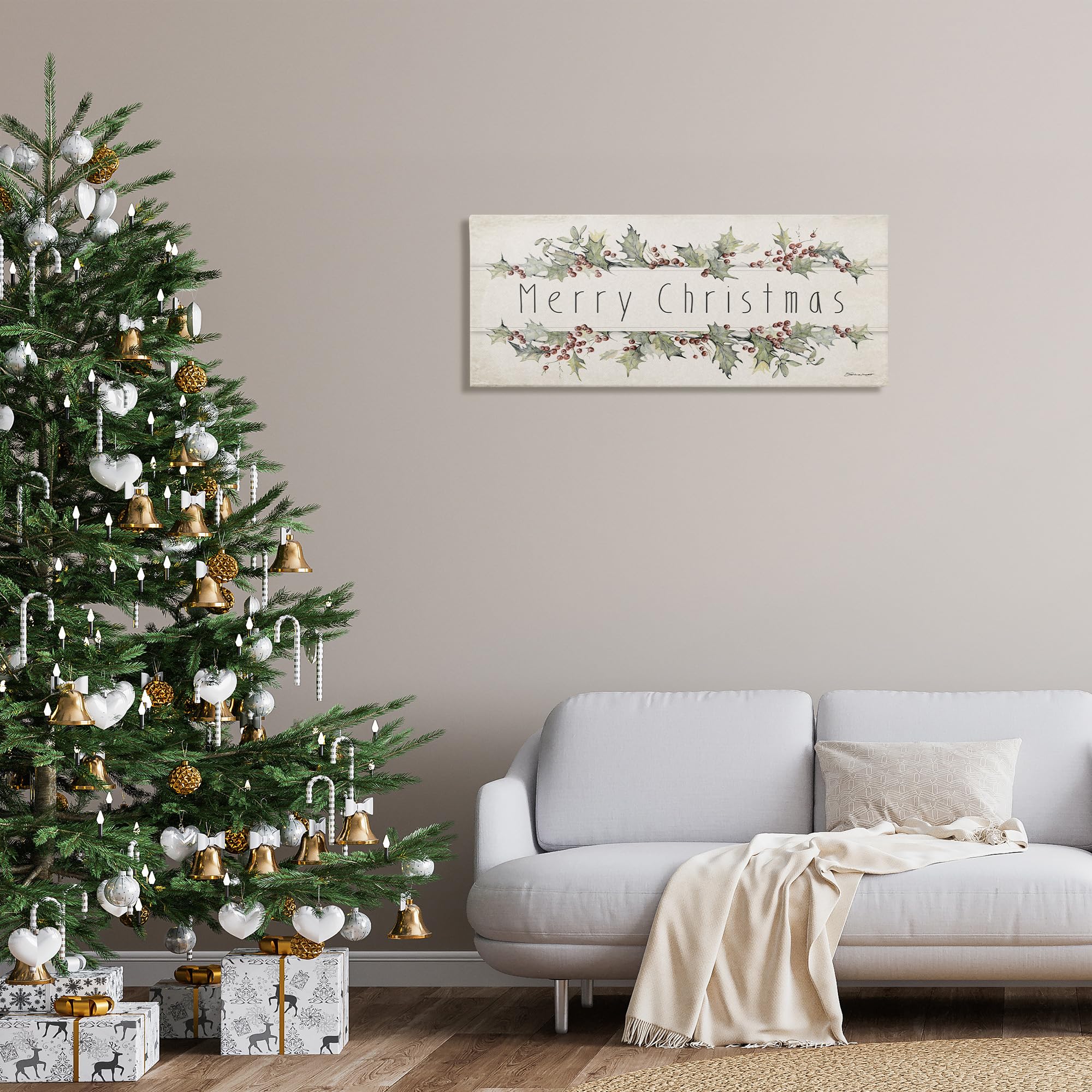 Stupell Industries Merry Christmas Sentiments Winter Holly Florals, Designed By Stephanie Workman Marrott Canvas Wall Art, 17X40