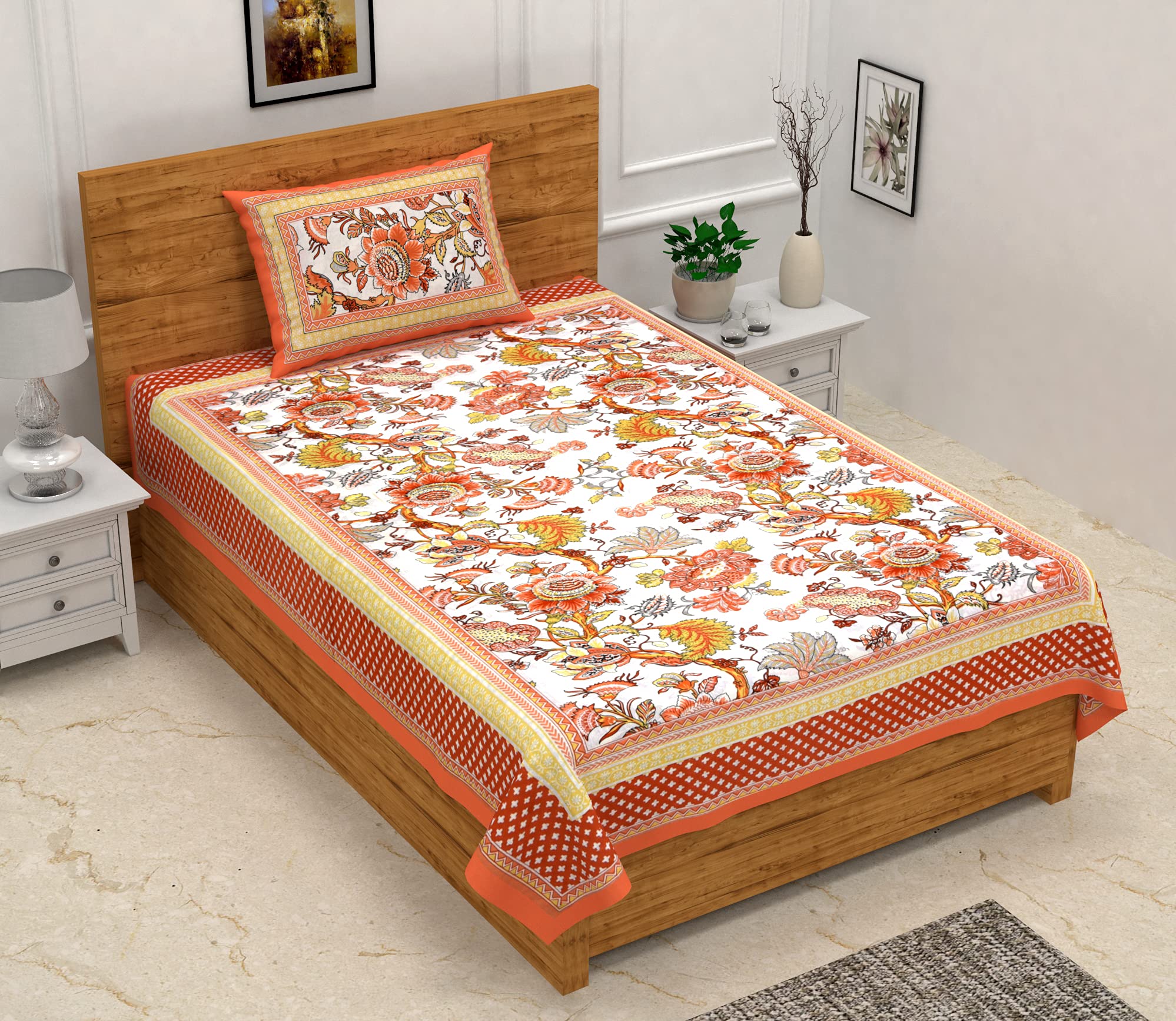 Easygoods Cotton Bedsheet For Single Bedsheet With 1 Pillow Cover 60X90 Inch, Handcrafted Bed Sheets (Orange-2)