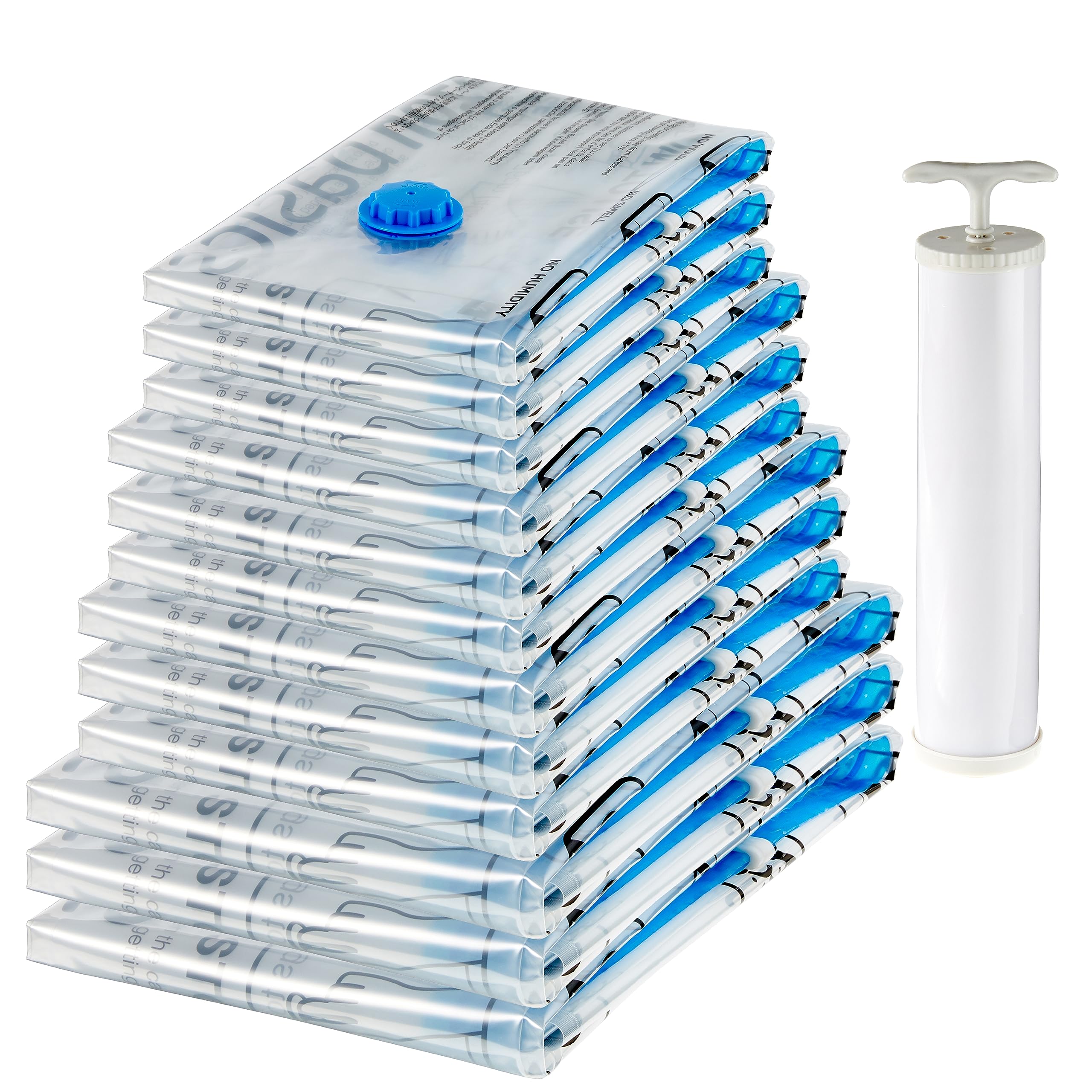 Amazon Basics Vacuum Compression Storage Bags With Hand Pump, Multiple Pack Of 12 (3 Jumbo, 3 Large, 3 Medium, 3 Small), Clear