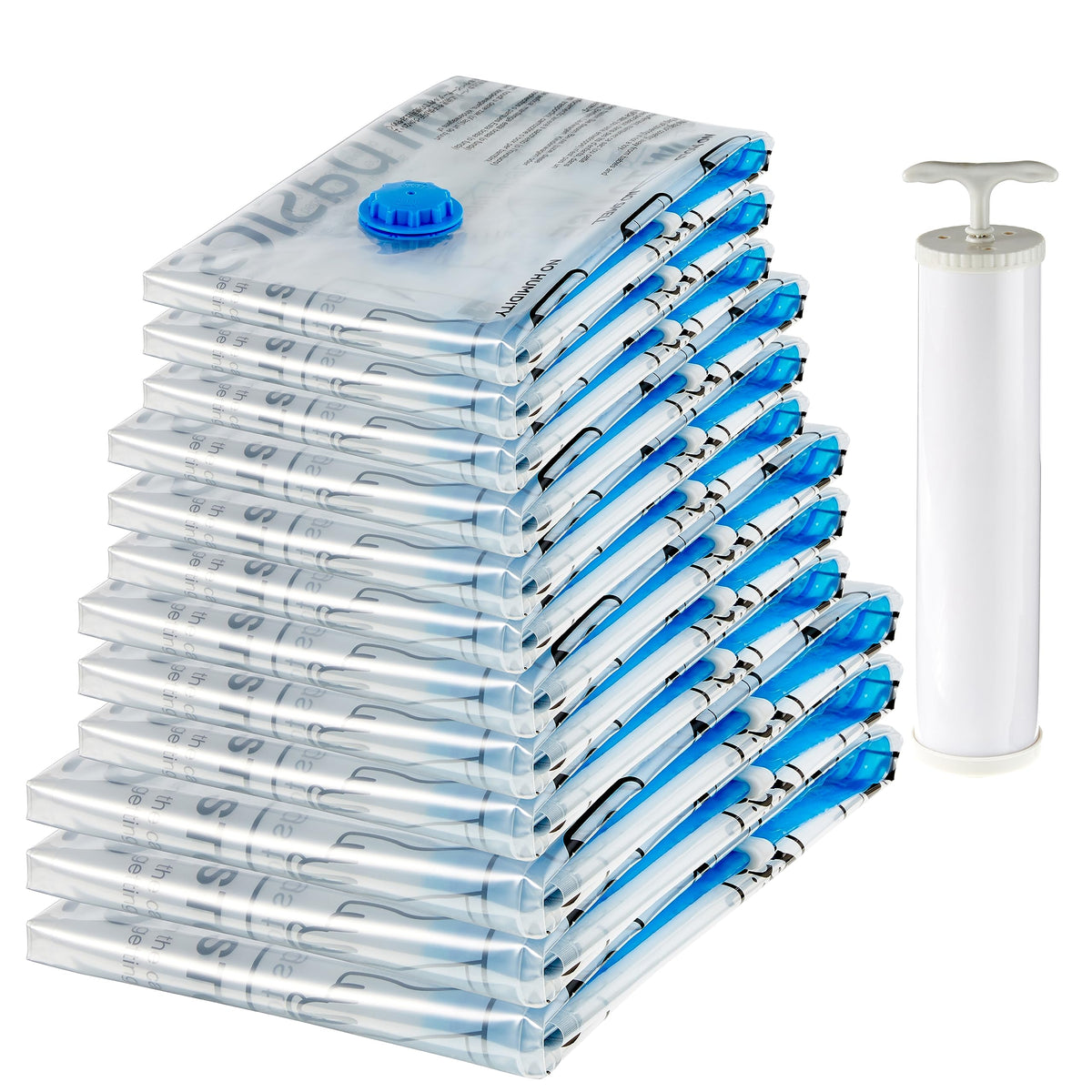 Amazon Basics Vacuum Compression Storage Bags With Hand Pump, Multiple Pack Of 12 (3 Jumbo, 3 Large, 3 Medium, 3 Small), Clear
