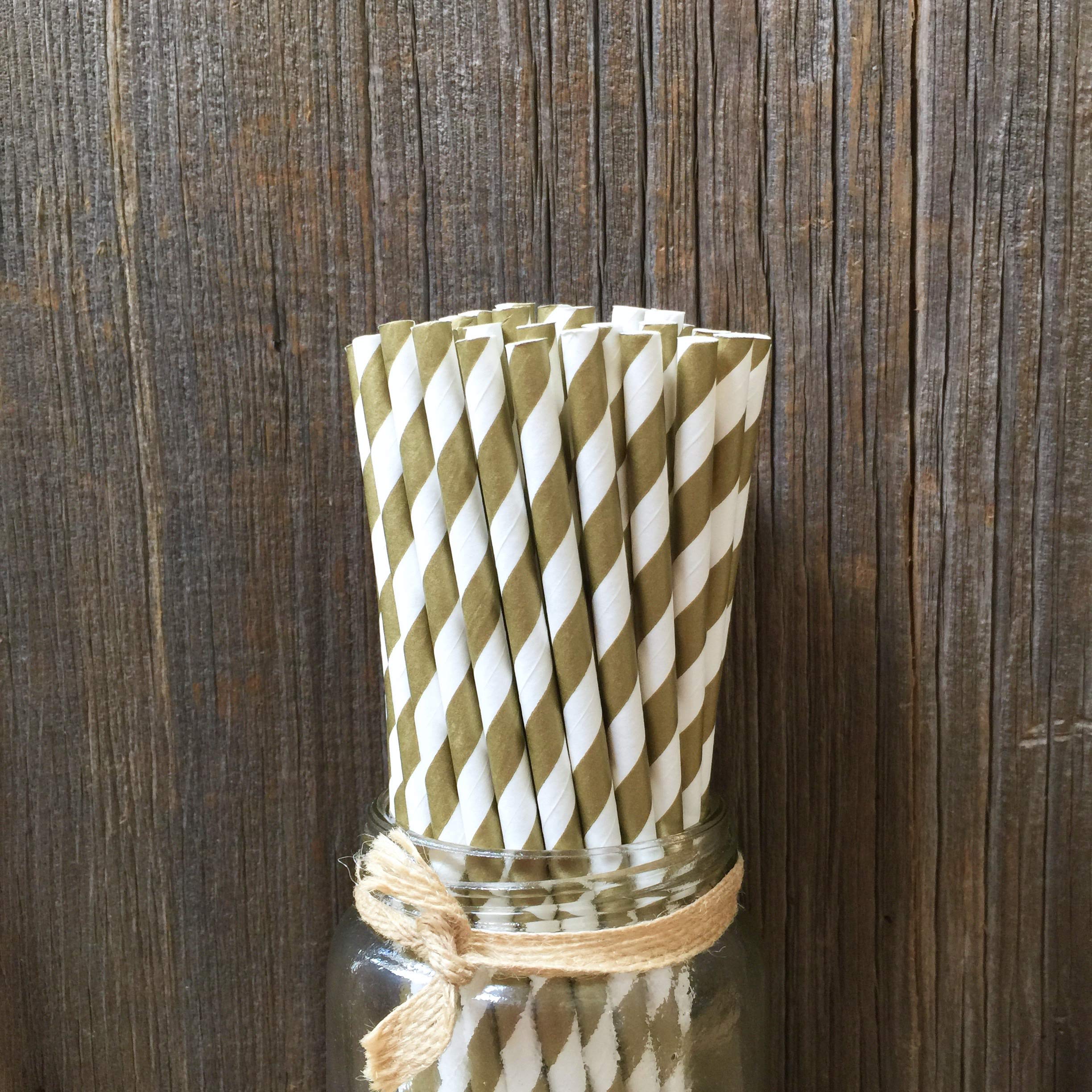 Striped Paper Straws - Gold White - Christmas Holiday Wedding Anniversary Supply - 7.75 Inches - 50 Pack - Outside The Box Paper