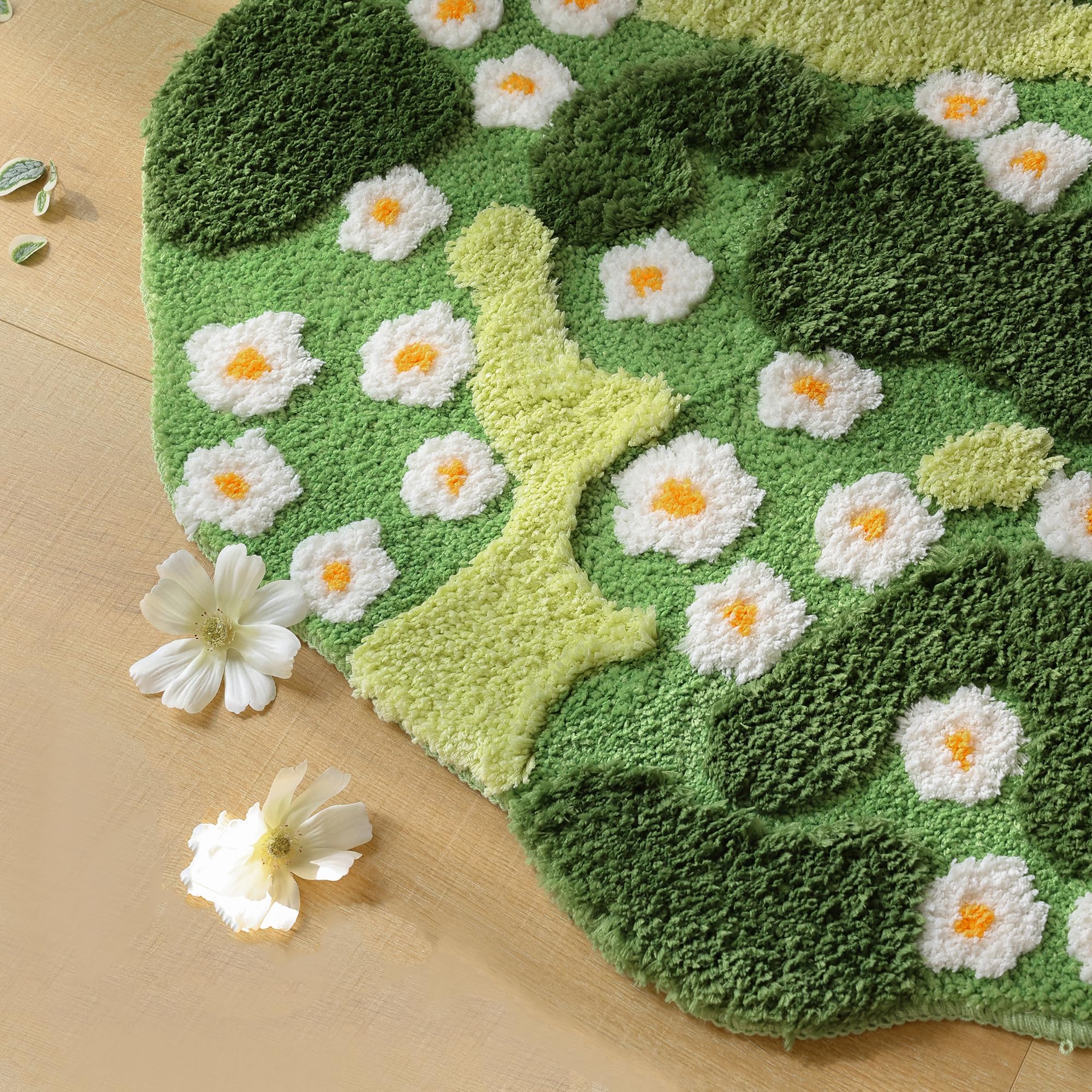 Yikush Bathroom Rugs Green Bath Mat Cute Moss Rug With Small White Flowers Non Slip Door Mat For Bedroom And Kitchen Soft Washab