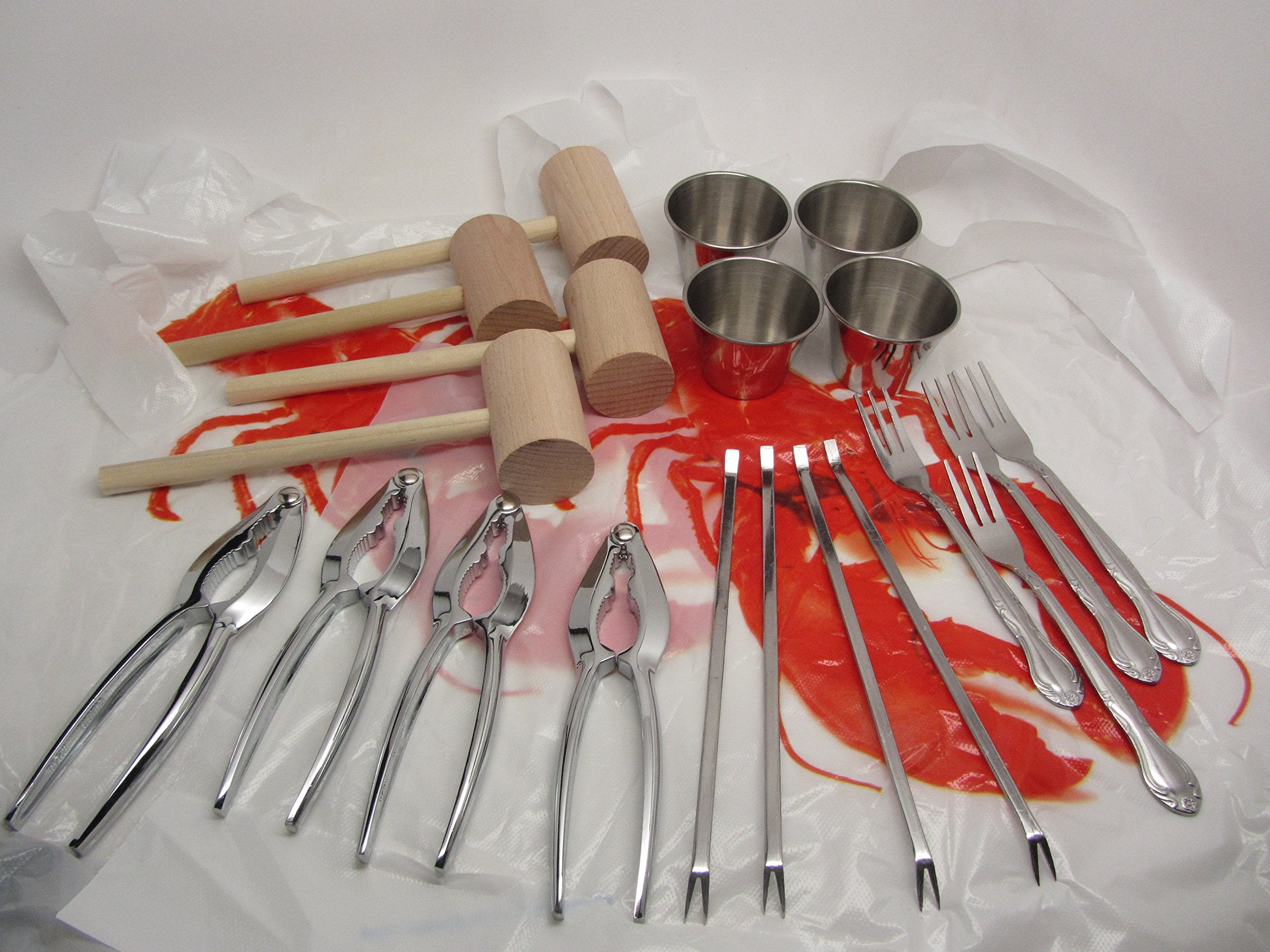 24Pc Lobster Bake Crab Shellfish Seafood Tool Kit Metal Crackers Picks Forks Mallets Bibs
