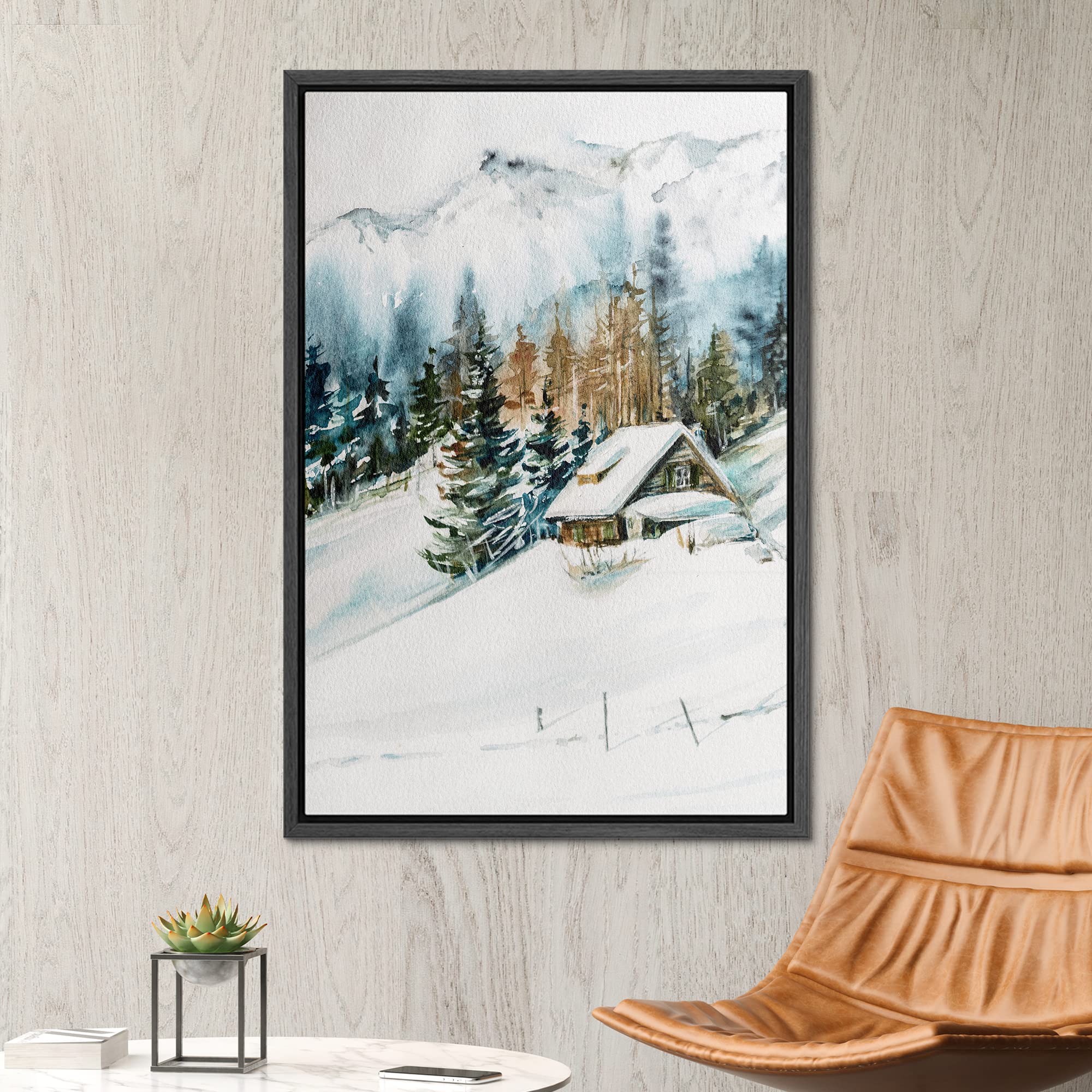 Signwin Framed Canvas Print Wall Art Woodland Nursery Decor Log Cabin Winter Snow Mountain Forest Nature Modern Art Decorative L