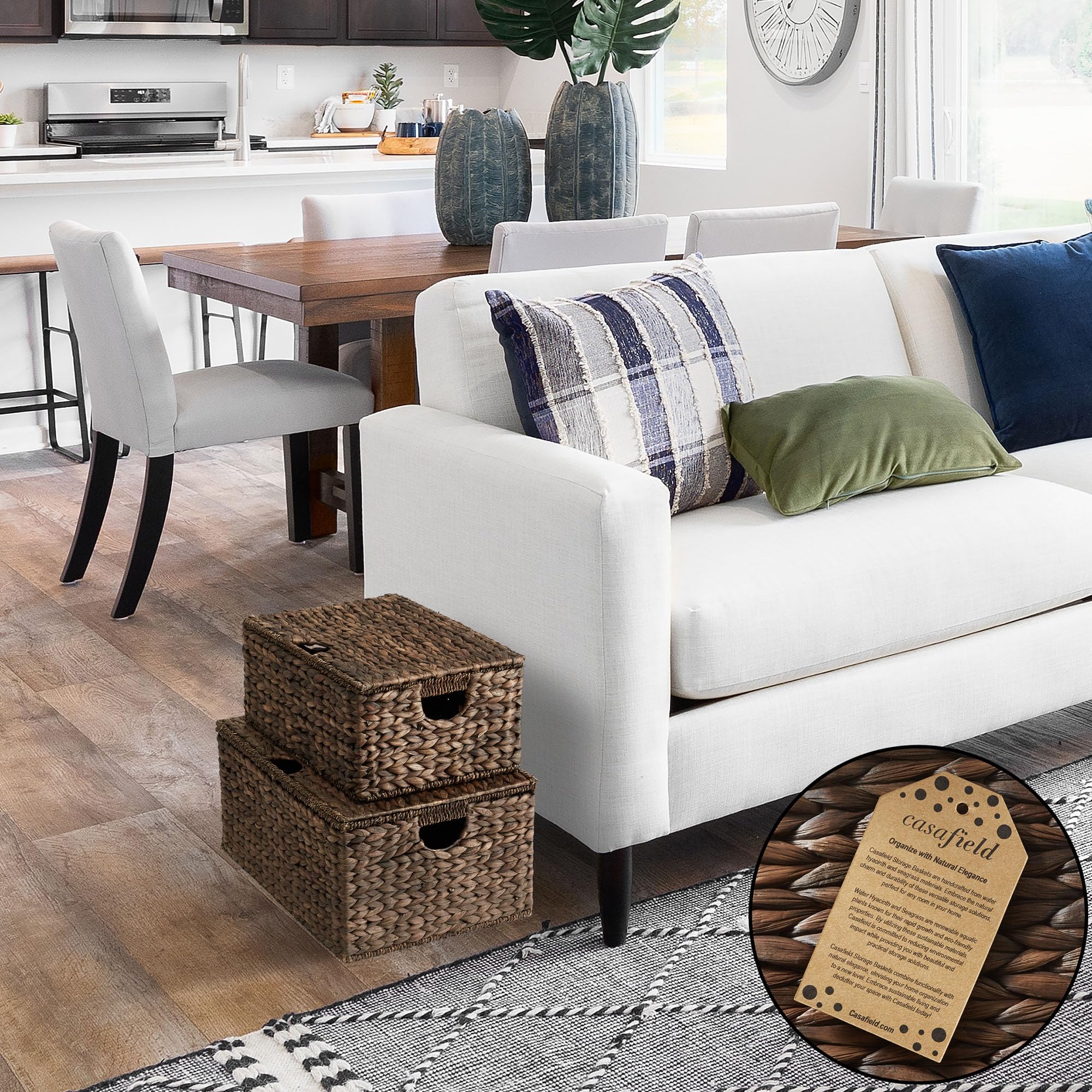 Casafield Set Of 2 Water Hyacinth Rectangular Storage Baskets With Lids (Medium/Large), Multipurpose Decorative Shelf Organizati