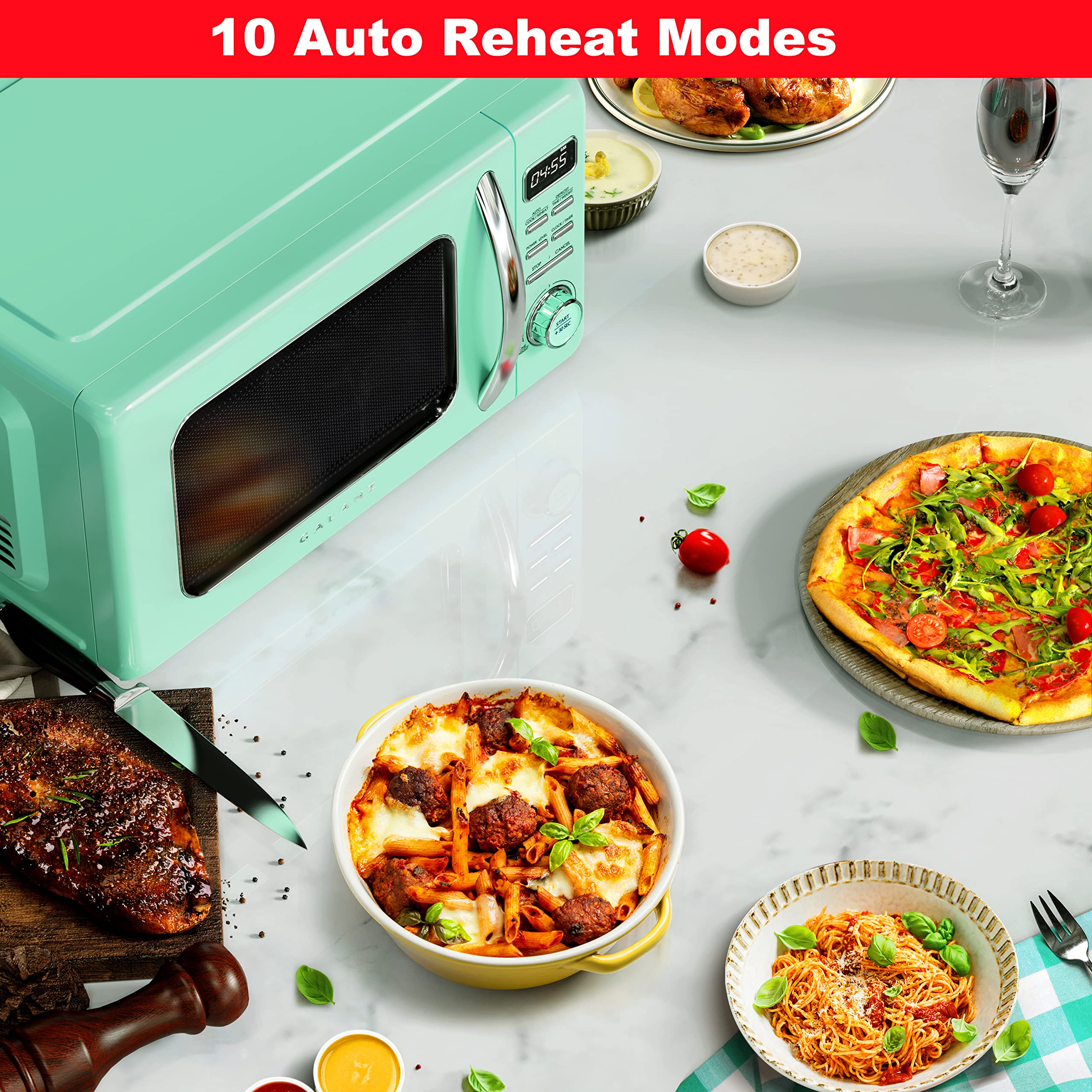 Galanz GLCMKZ09GNR09 Retro Countertop Microwave Oven with Auto Cook & Reheat, Defrost, Quick Start Functions, Easy Clean with Gl