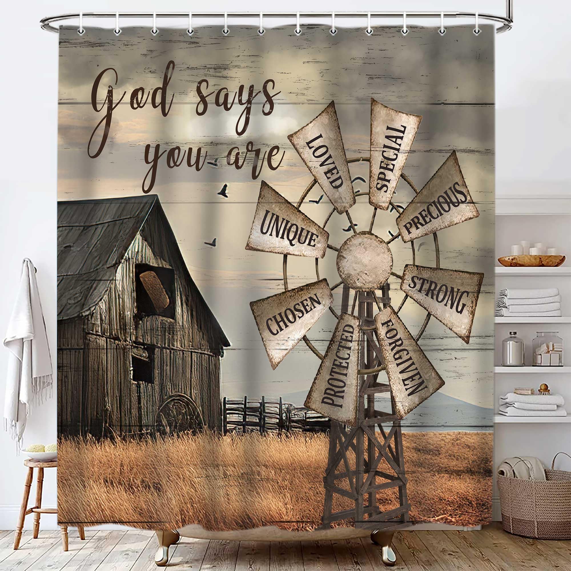 Jipusai Western Barn Windmill Shower Curtain Sets For Bathroom,Rustic Inspirational Quotes Country Vintage Shower Curtains, Wate