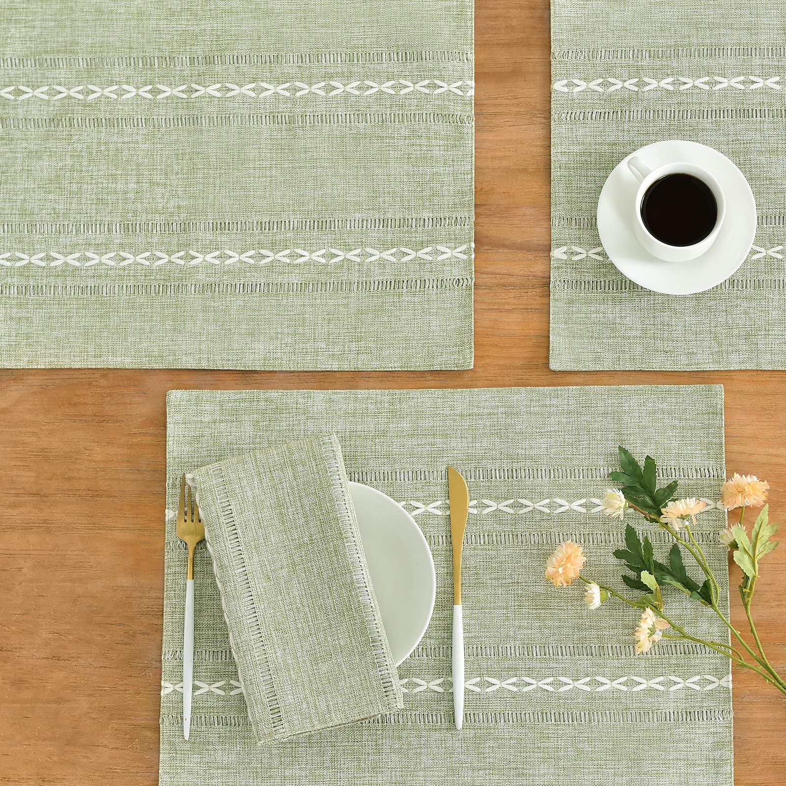 Wracra Cotton Linen Placemats, 14 X 19 Inch Set Of 4 Fete Placemats Rustic Hemstitch Place Mats For Kitchen Table And Heat Resis