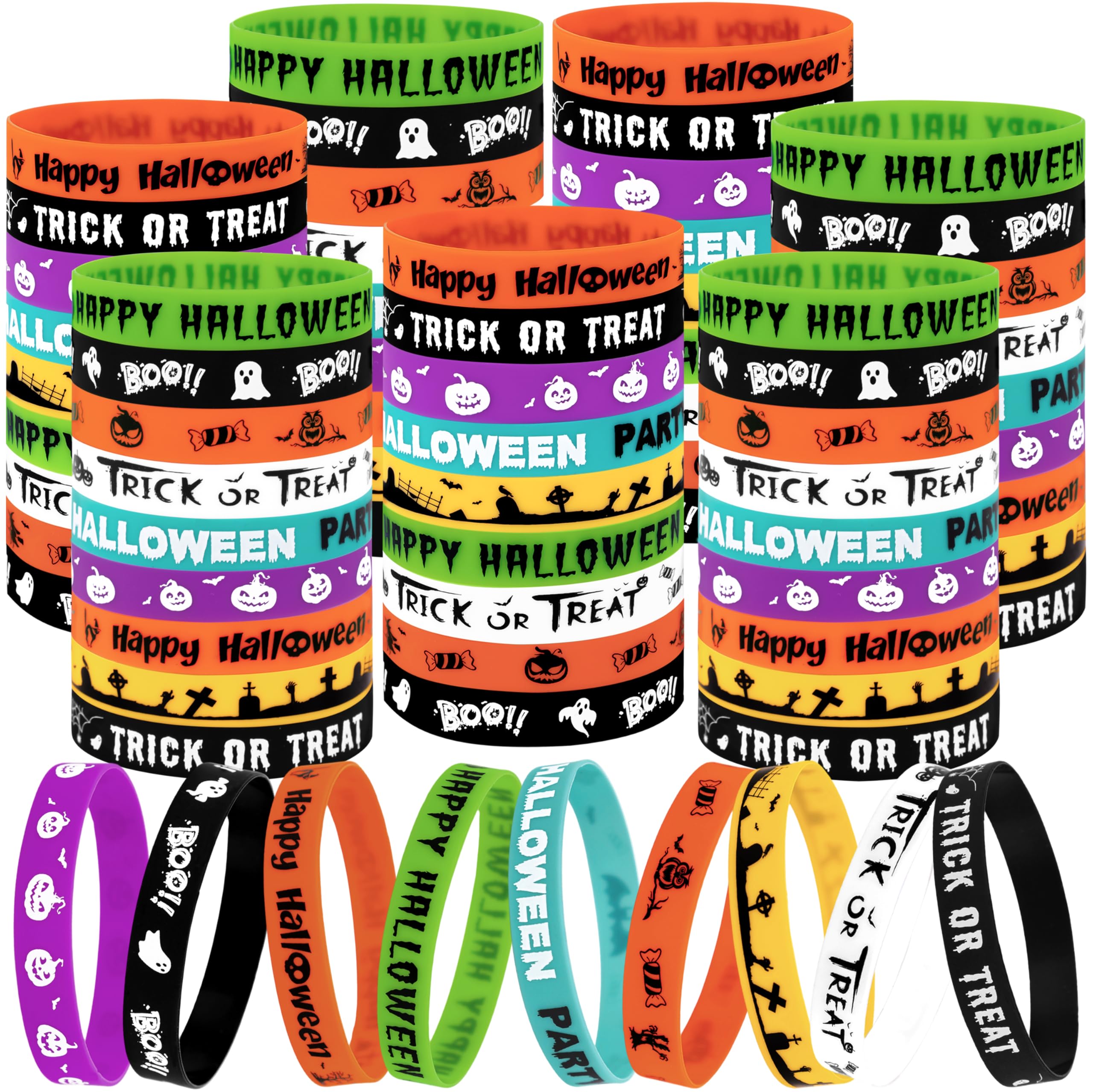 Moon Boat 144pcs Halloween Party Favors for Kids - Silicone Bracelets Bulk, Trick or Treat Toys, Goodie Bag Stuffers, Classroom 