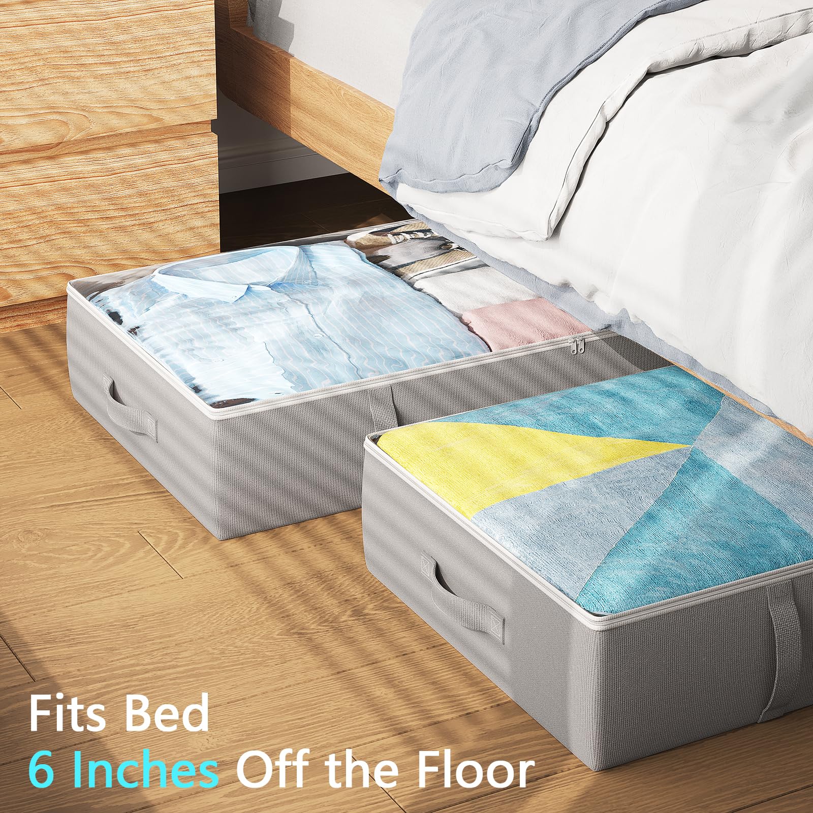 TidyCorner 2-Pack Under Bed Storage Containers, 6 Inches Tall Underbed Clothes Storage Organizer Bin with Sturdy Sidewalls/Botto