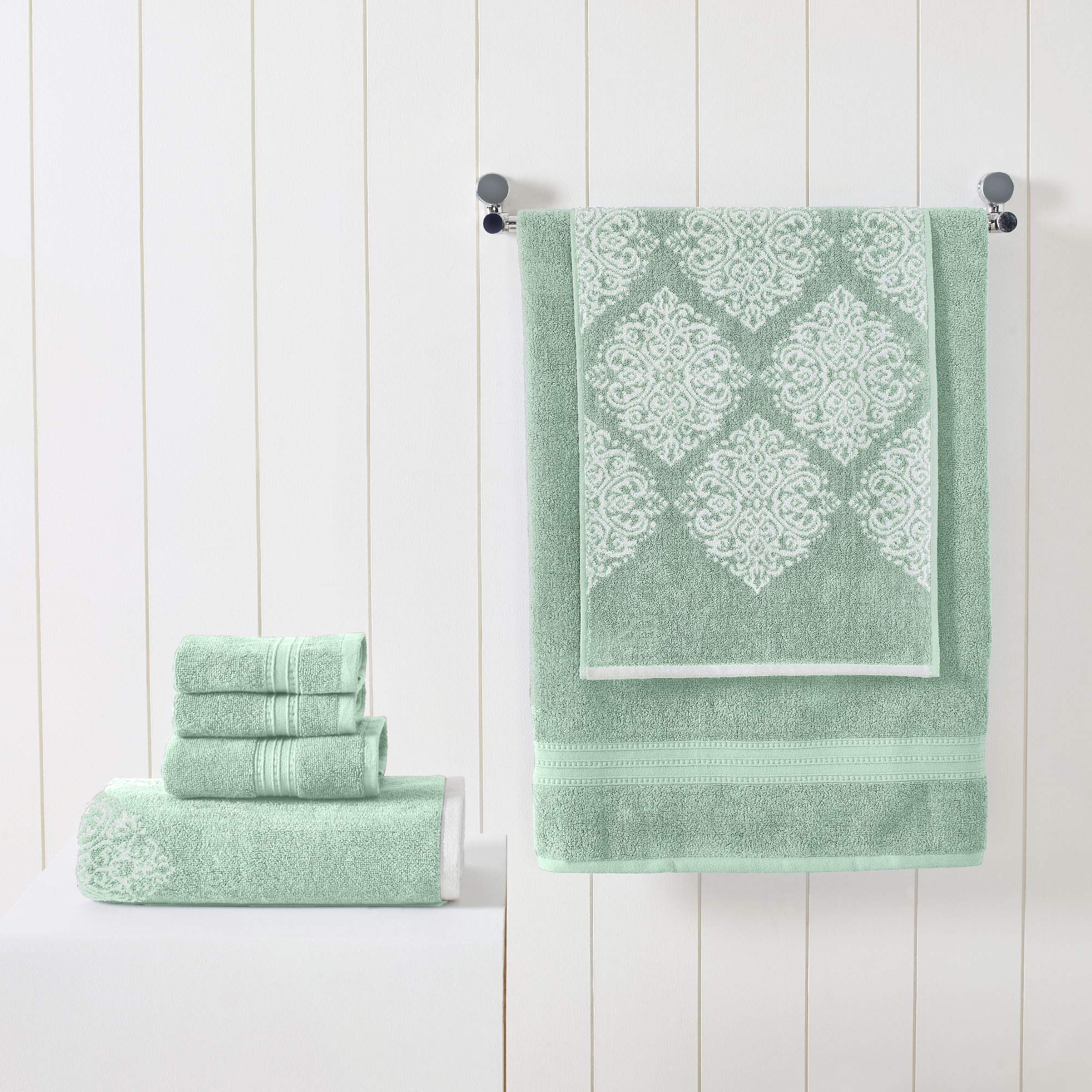 Amrapur Overseas | Artesia Damask 6 Piece Reversible Yarn Dyed Jacquard Towel Set (Sage)