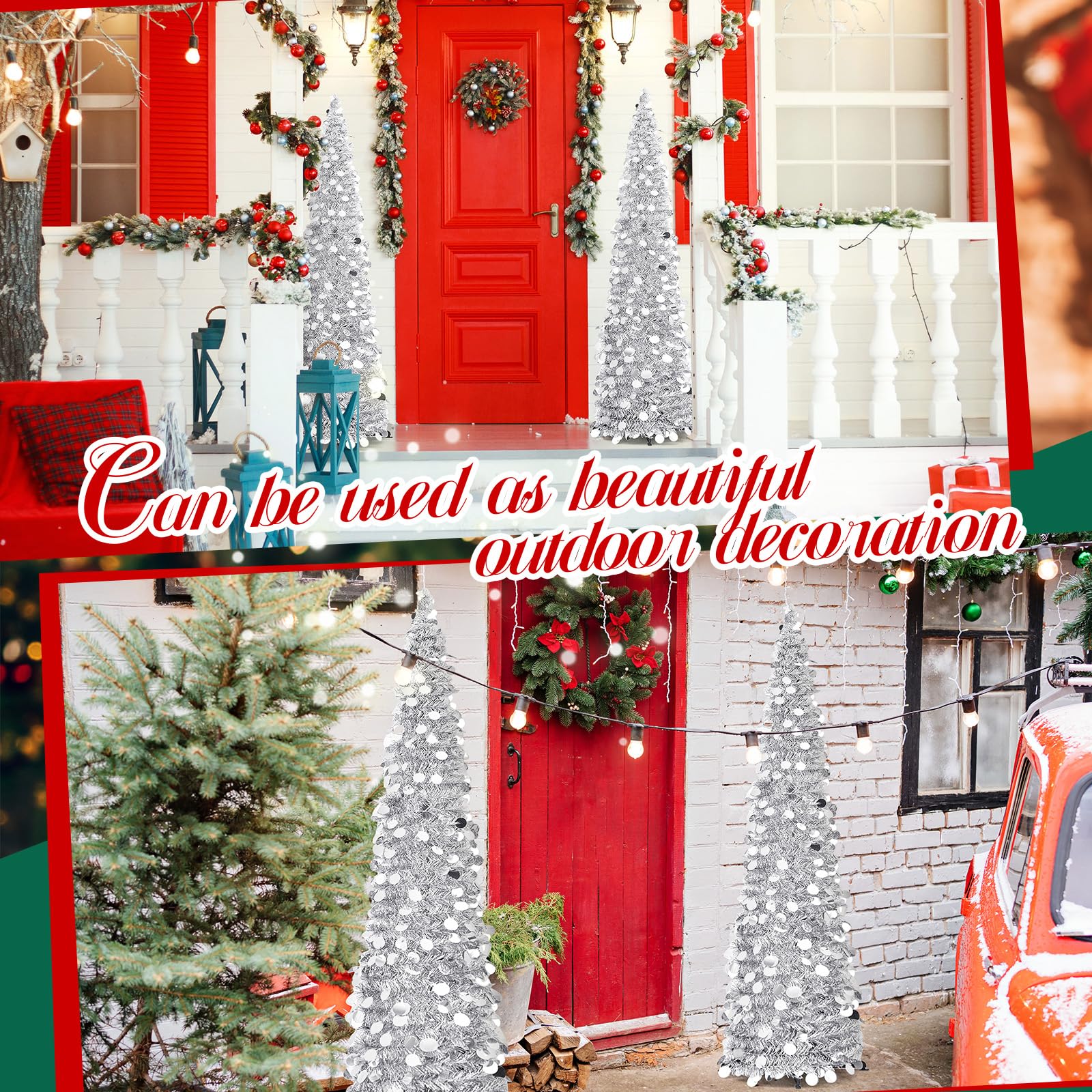 Leyndo 6 Pcs 5 ft Collapsible Artificial Christmas Tree Pop up White Sequined Tinsel Pencil Skinny Xmas Tree for Home Fireplace