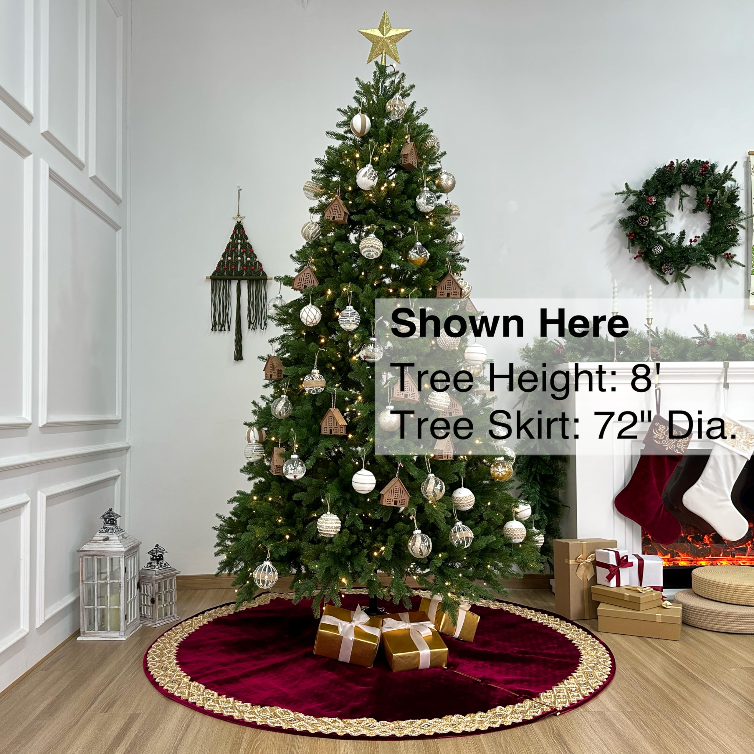 Starry Dynamo 72-Inch Venetian Gilded Christmas Tree Skirt in Velvet with Gold Jeweled Band, Burgundy