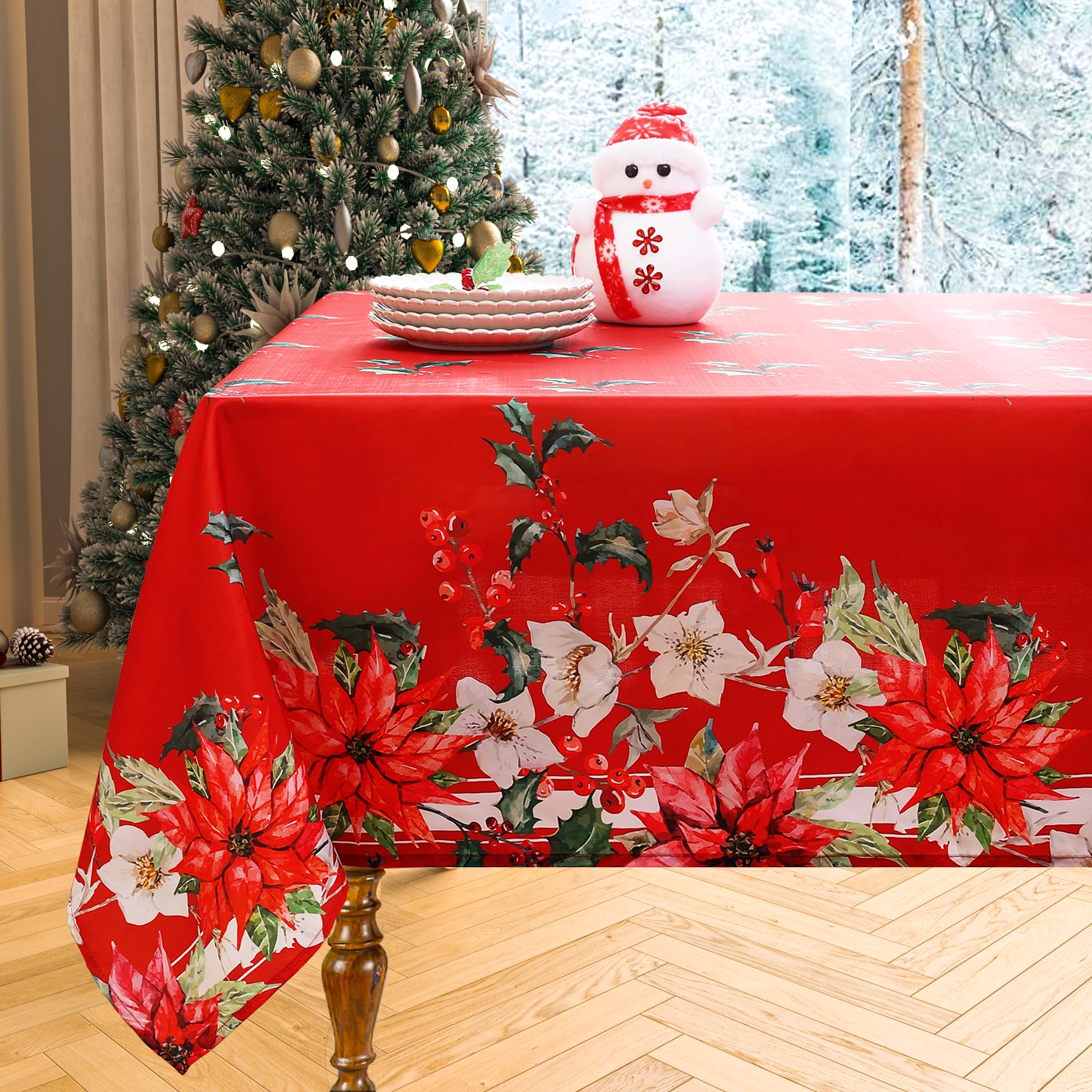 Homing Christmas Round Tablecloth - Red Poinsettia Flower Holly Holiday Wrinkle Resistant Spillproof Easy Care Table Cloth For P