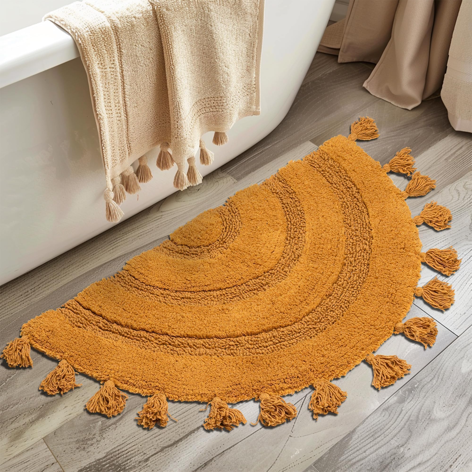 Koexm Half Circle Boho Bathroom Rugs With Tassels 100% Cotton Hand-Woven Bath Rugs Non Slip Absorbent Crochet Rugs Machine Washa