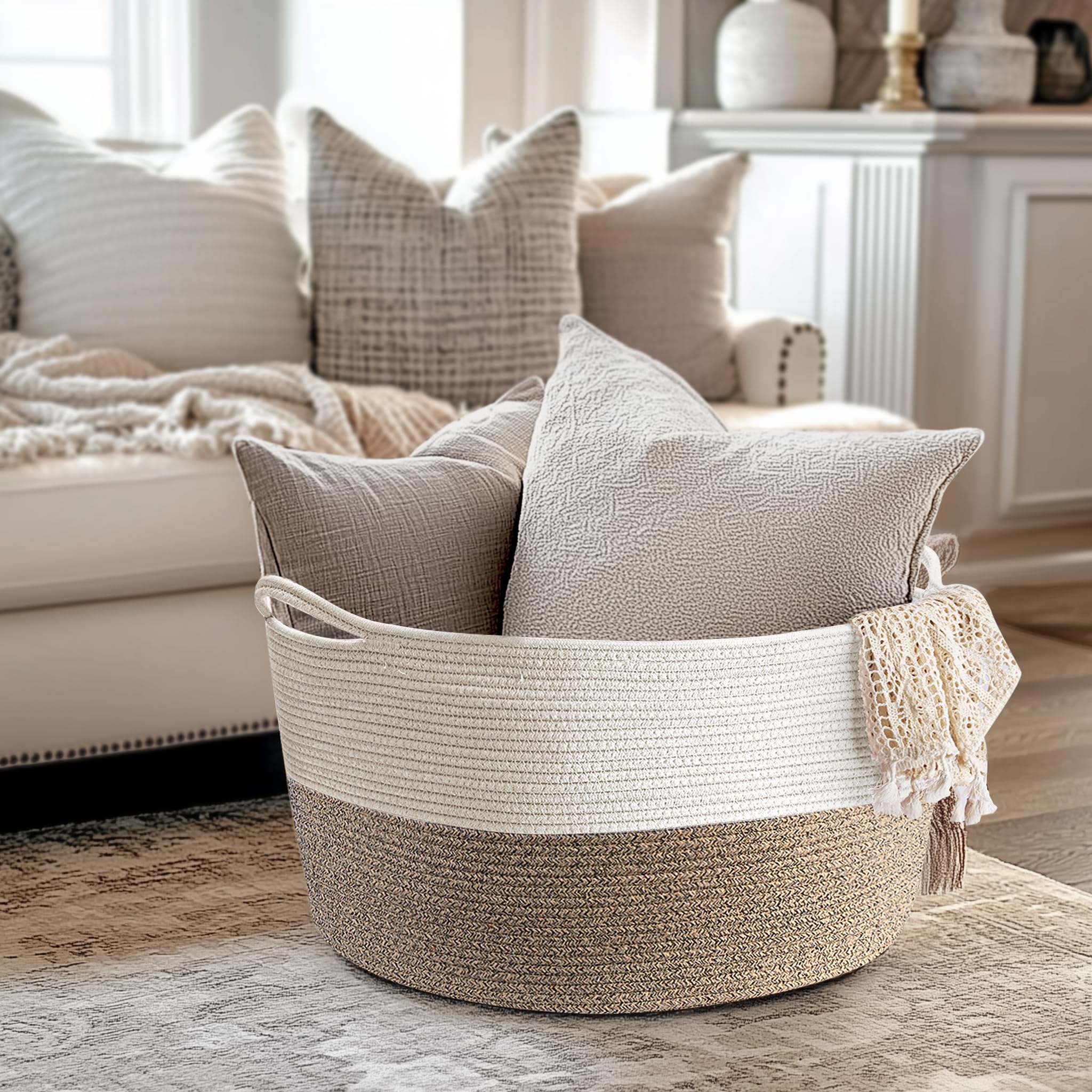 Throw Blanket Basket for Living Room  Extra Large Cotton Rope Basket for Storage  Woven Laundry Basket with Handles  Baby Toy Storage Basket  Towel Basket  22'' x 22'' x 14'' Pillow Basket