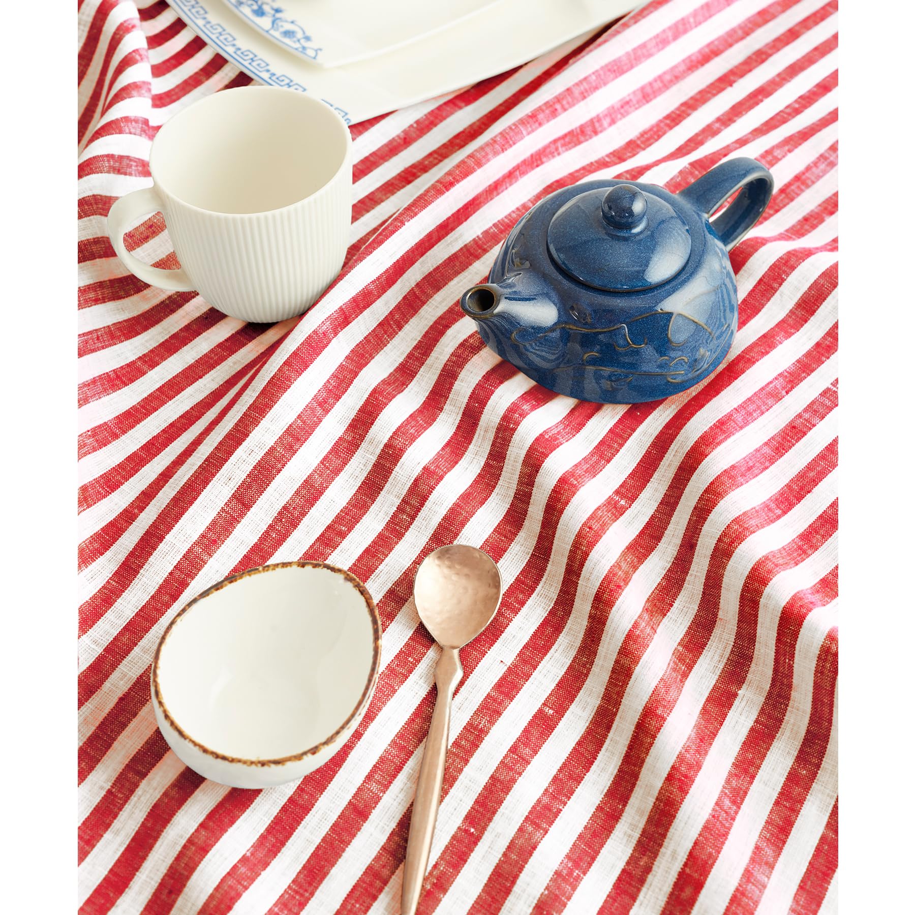 Solino Home Stripe Linen Tablecloth - 100% Pure Linen Red And White Table Throw 52 X 52 Inch For Spring - Handcrafted And Machin