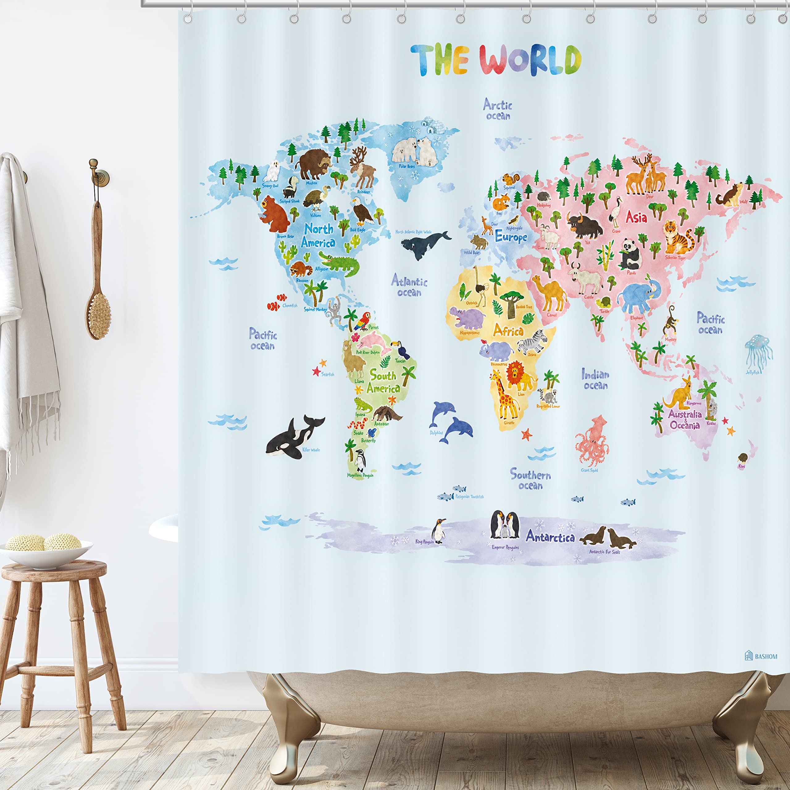 Bashom Bsc-615 Animal World Map Shower Curtain Set For Kids Waterproof Washable Decorative Bathroom 71''X71'' (180X180Cm) Polyes