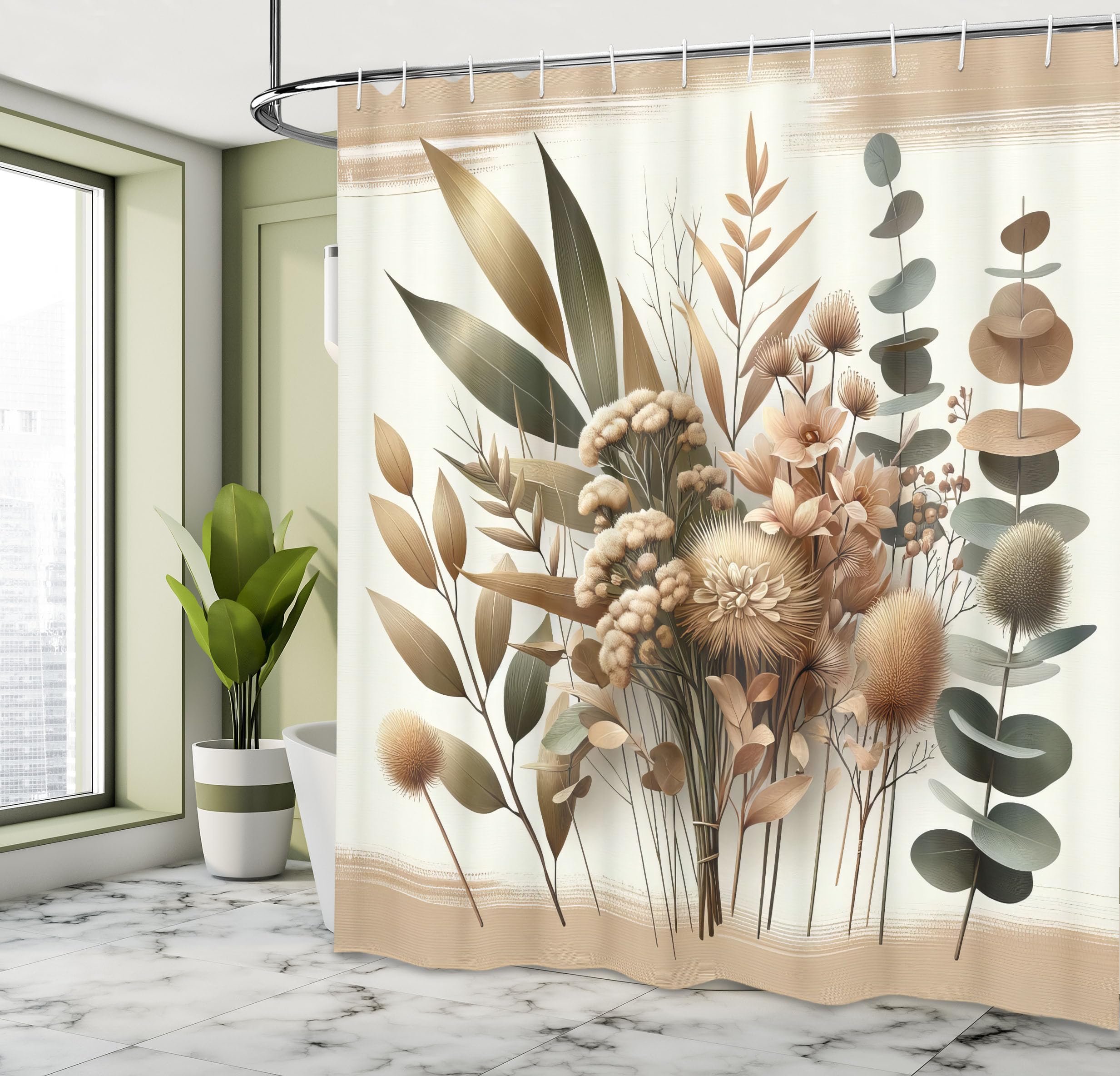 Ambesonne Tan Shower Curtain, Vintage Boho Vibes Ombre Tones Botanical Elements Eucalyptus Leaves, Cloth Fabric Bathroom Decor S