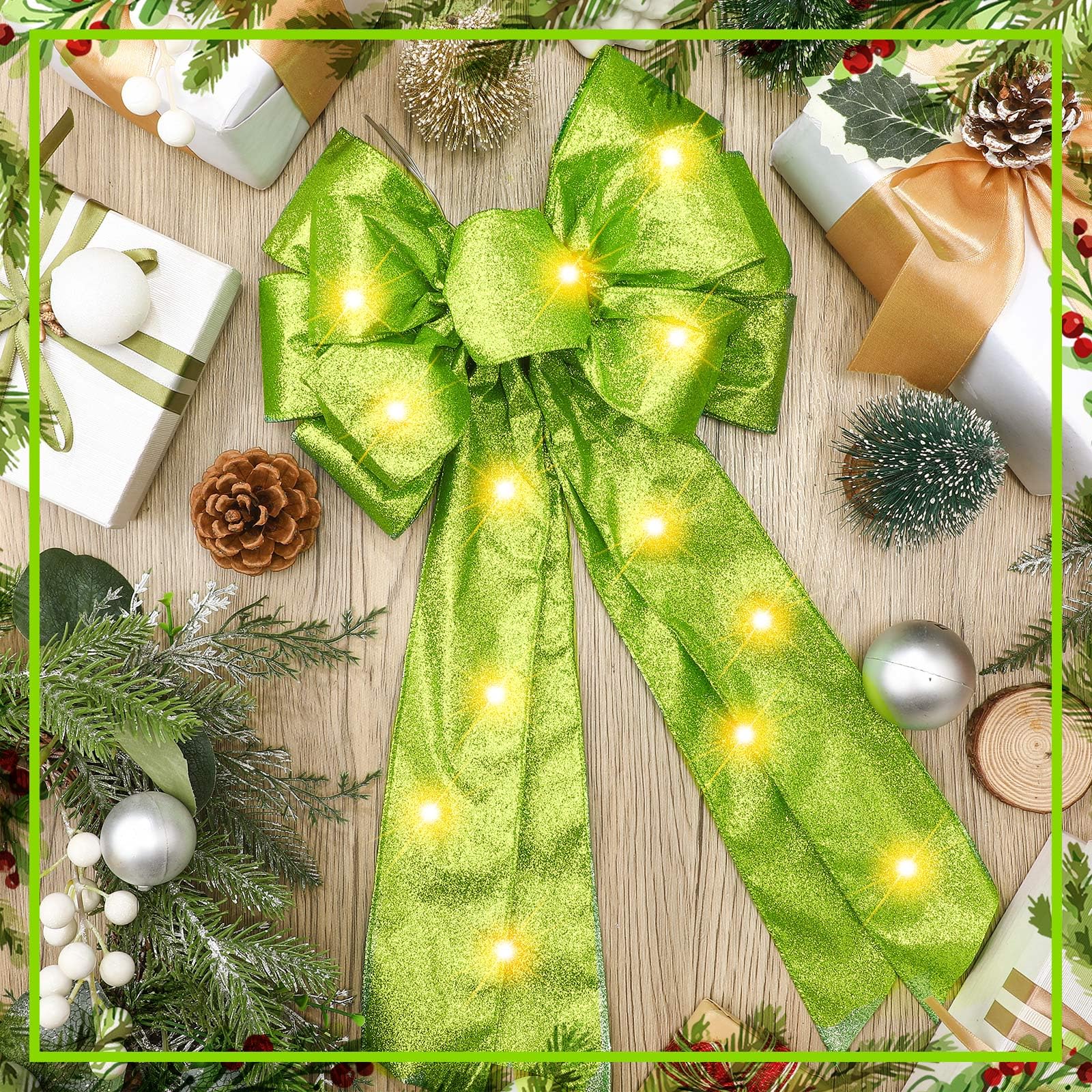 Giegxin 2 Pcs Large Lime Green Lighted Christmas Bows with Lights for Wreath and Tree Topper, 18x10 Inch Pre Lit Wreath Bow Ligh