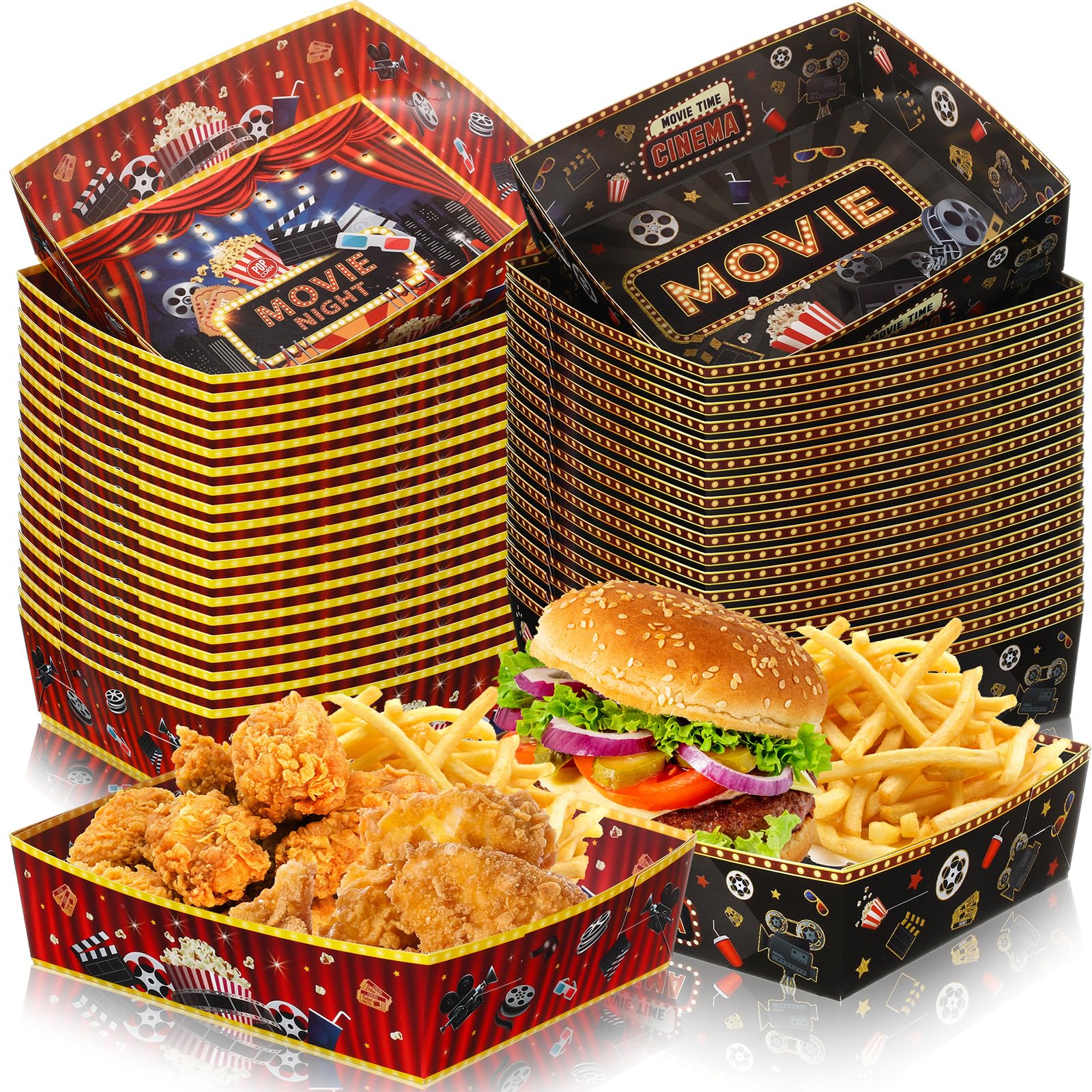 Ziliny 48 Pcs Movie Night Snack Tray 5 Lbs Large Disposable Paper Food Tray Movie Night Party Supplies Boat Boxes Basket Contain