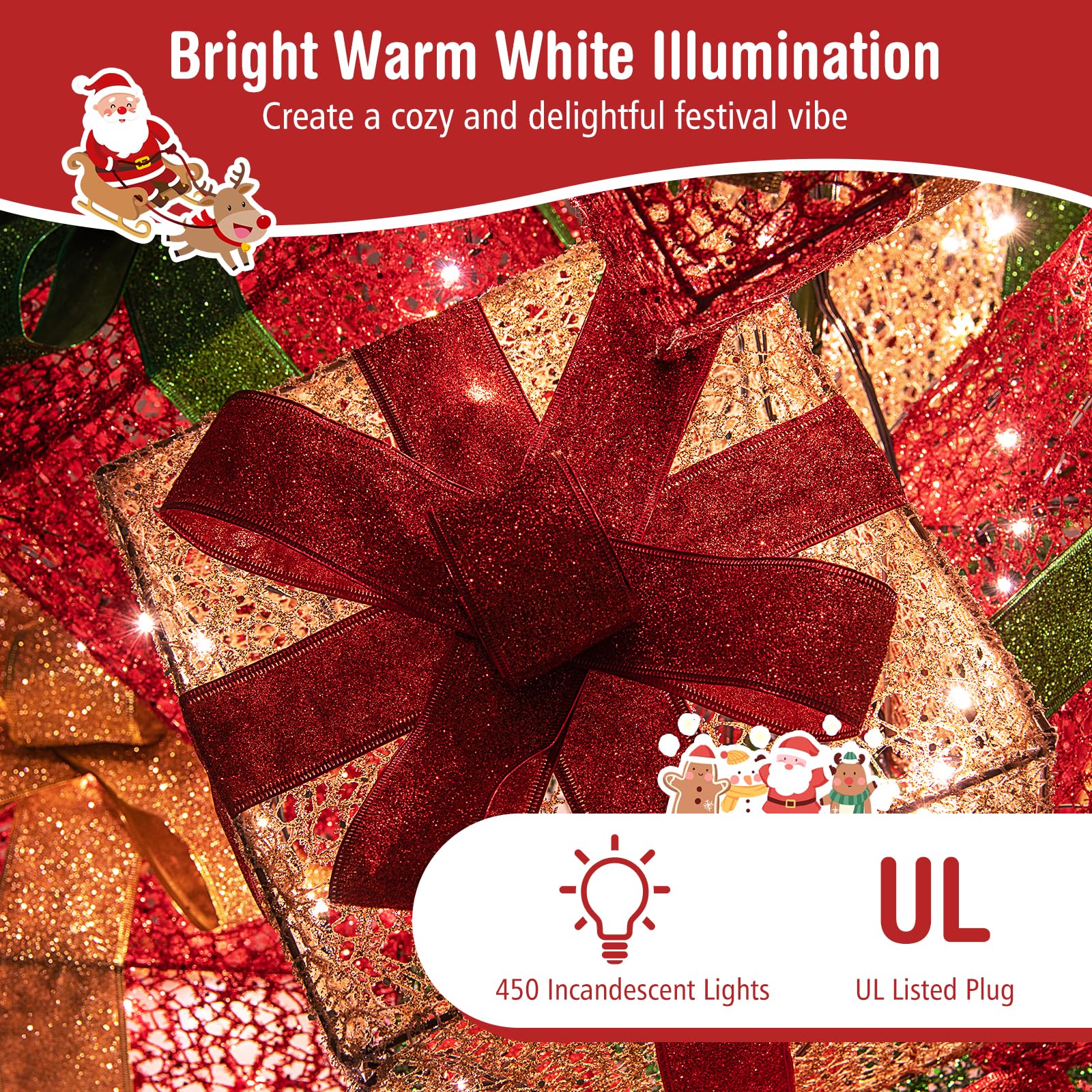 Goplus Lighted Boxes Tower, 15 Pieces Stackable Pre-lit Xmas Present Boxes w/ 450 Warm White Lights, Metal Base, Stakes & Bows,