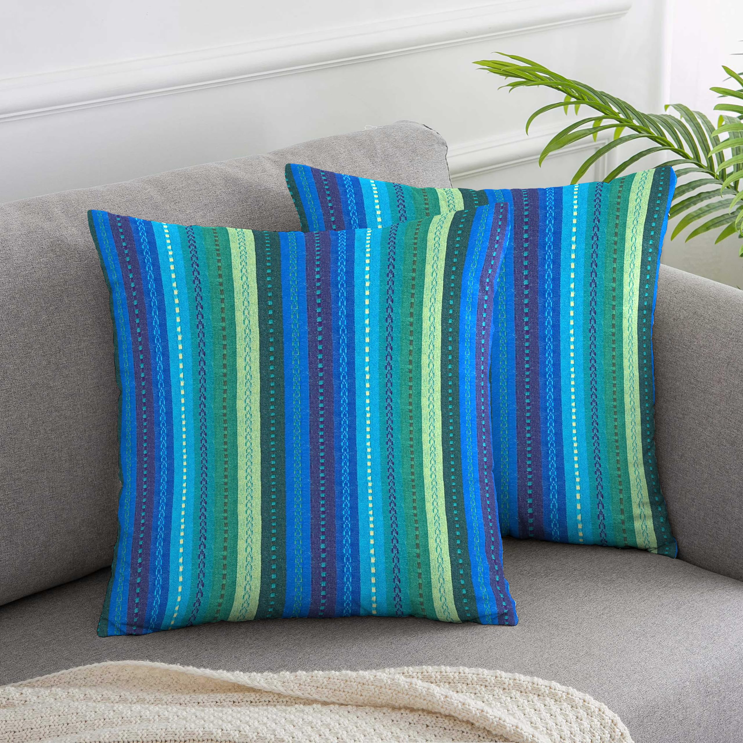 Amazon Brand - Umi Cotton Salsa Stripe Cushion Cover Set Of 2 18X18 Inch Blue/Teal Multicolour Large Square Throw Pillow Covers 