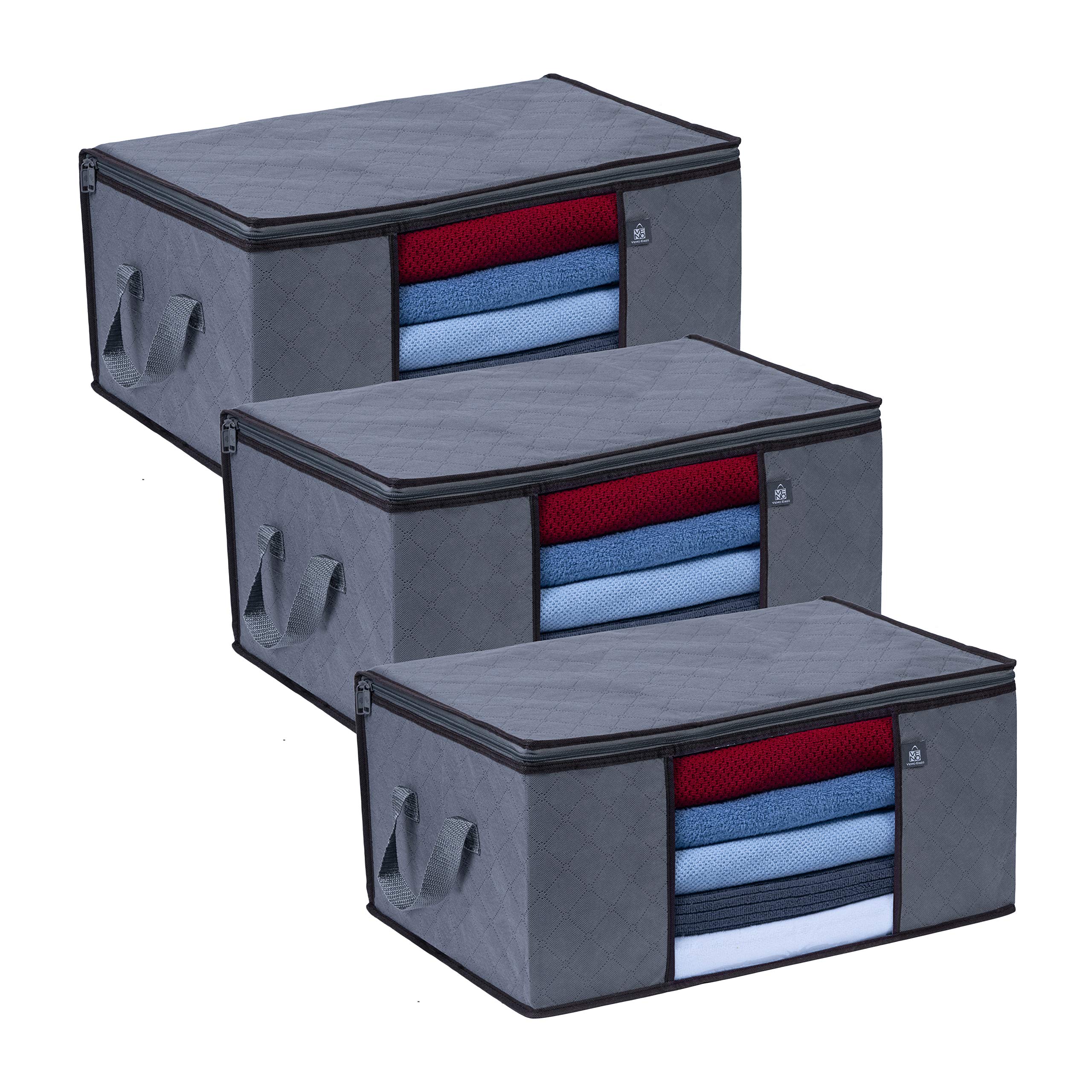 VENO 3 Pack Large Clothes Storage Bag Organizer with Reinforced Handle Thick Fabric for Comforters, Blankets, Bedding, Foldable