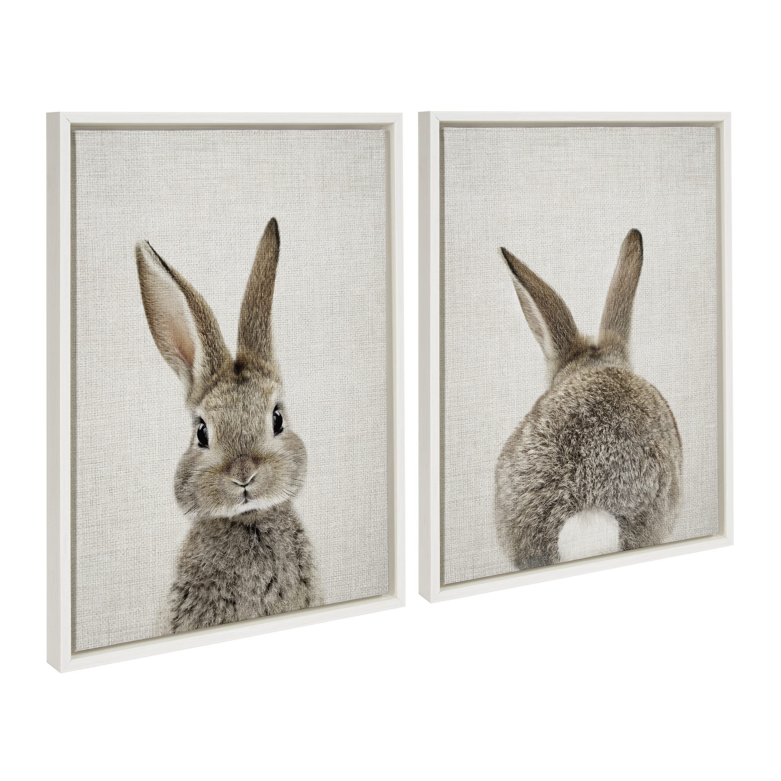 Kate And Laurel Sylvie Bunny Portrait On Linen And Bunny Tail On Linen Framed Canvas Wall Art By Amy Peterson Art Studio, 2 Piec