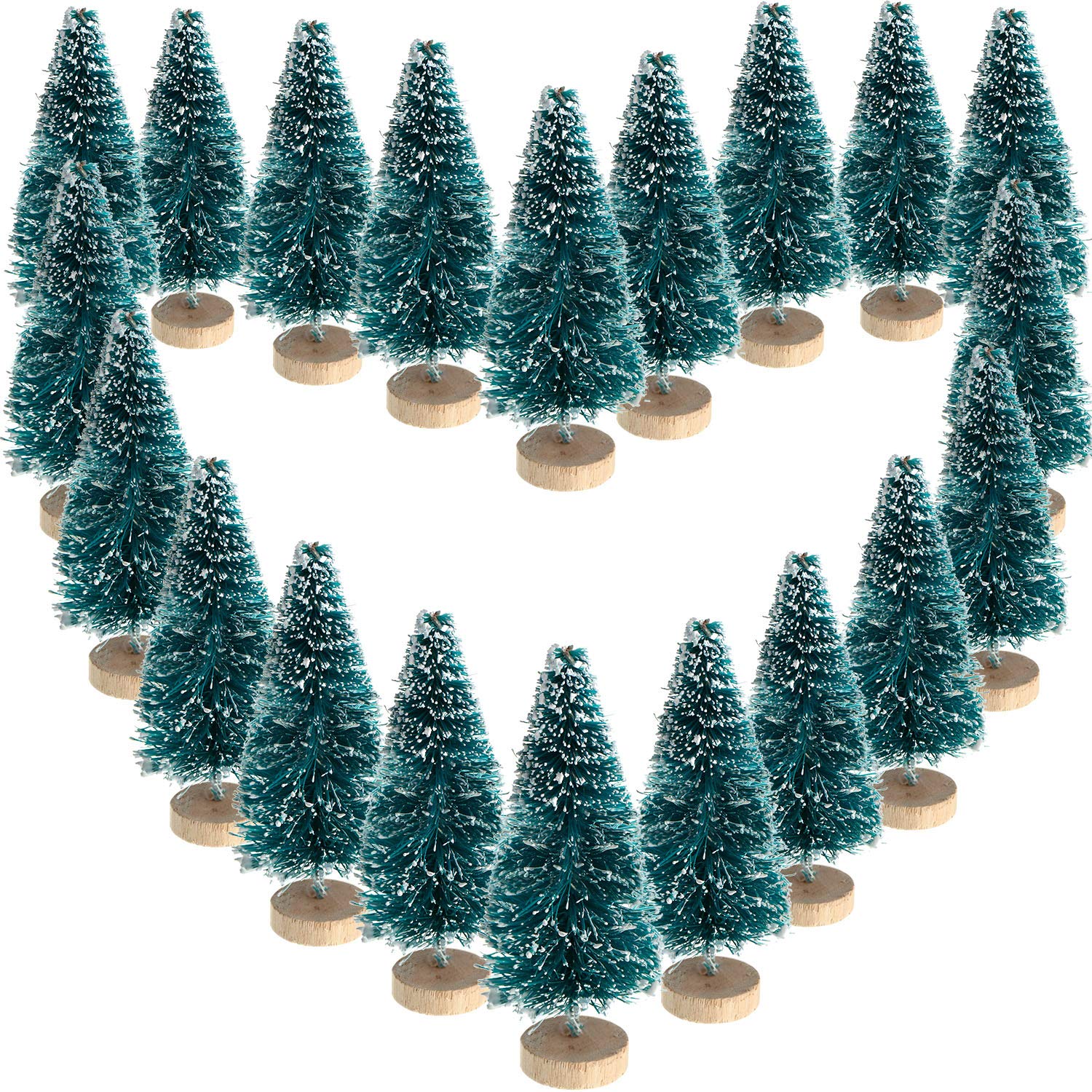 Sumind 48 Pieces Mini Christmas Trees Bottle Brush Trees Plastic Artificial Winter Sisal Mini Pine with Wooden Base Snow Frost T