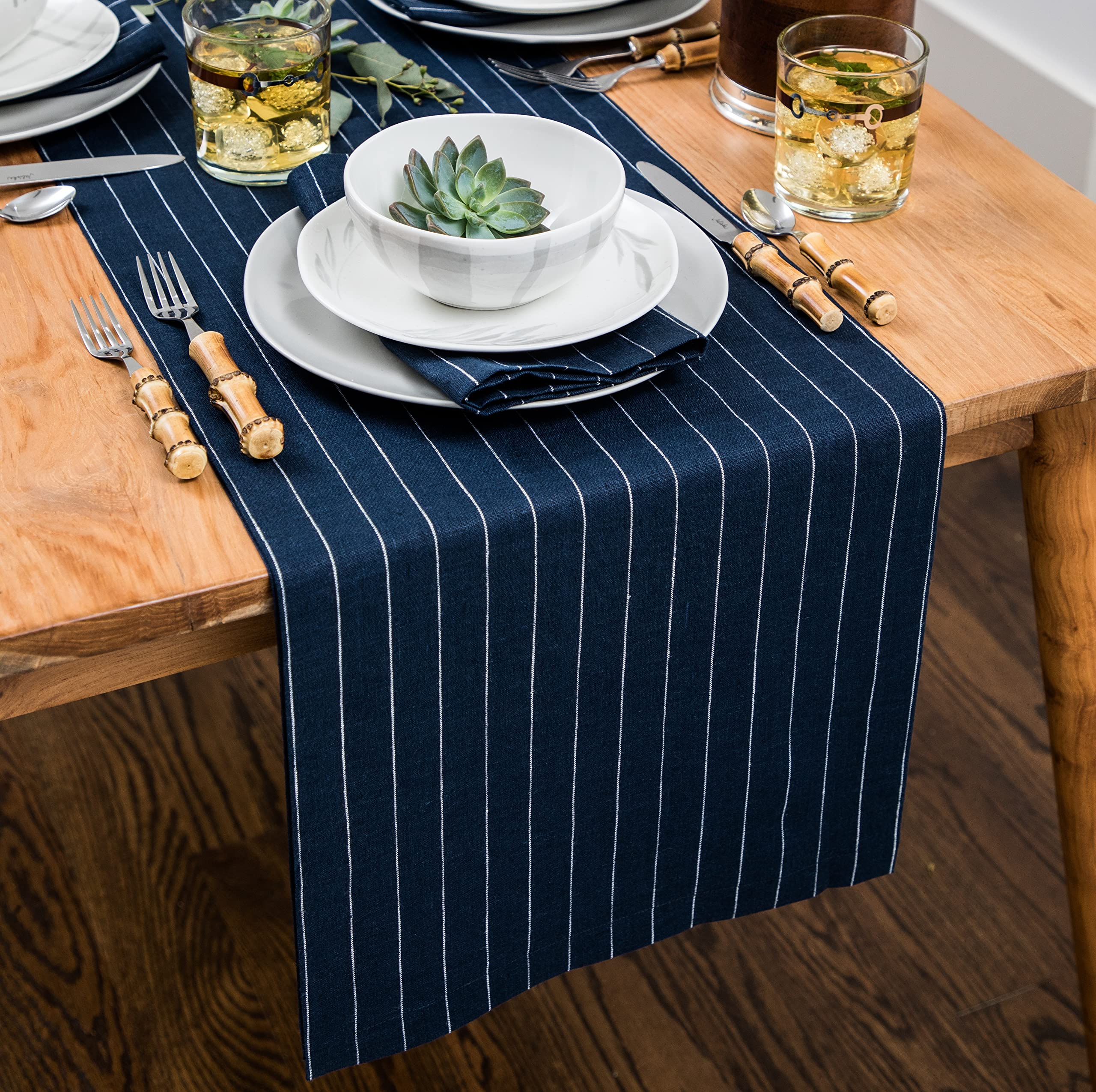 Solino Home Pinstripe Linen Table Runner 36 Inch - 100% Pure Linen Navy And White Table Runner 14 X 36 Inch - Machine Washable F