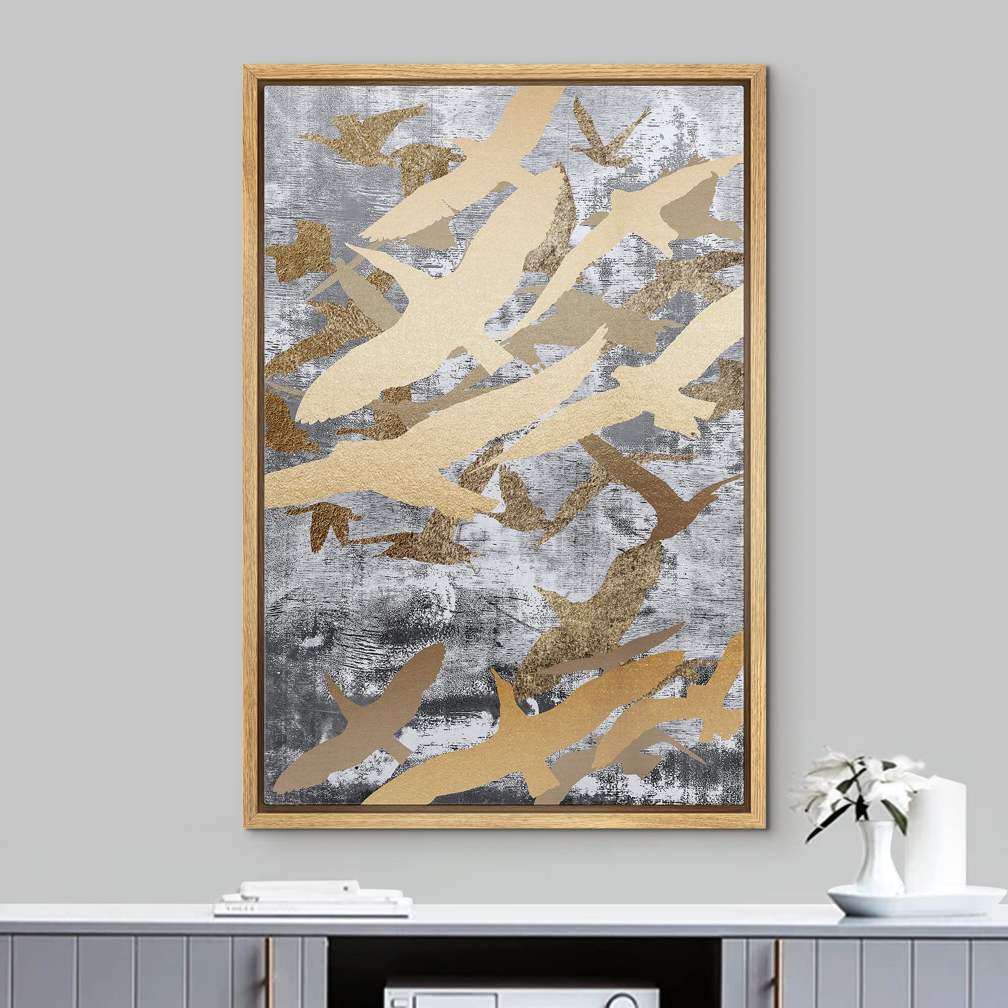 NWT Framed Canvas Print Wall Art Flying Golden Bird Collage Nature Wilderness Illustrations Modern Art Decorative Landscape Rustic Zen Colorful for Living Room  Bedroom  Office - 24''x36'' Natural